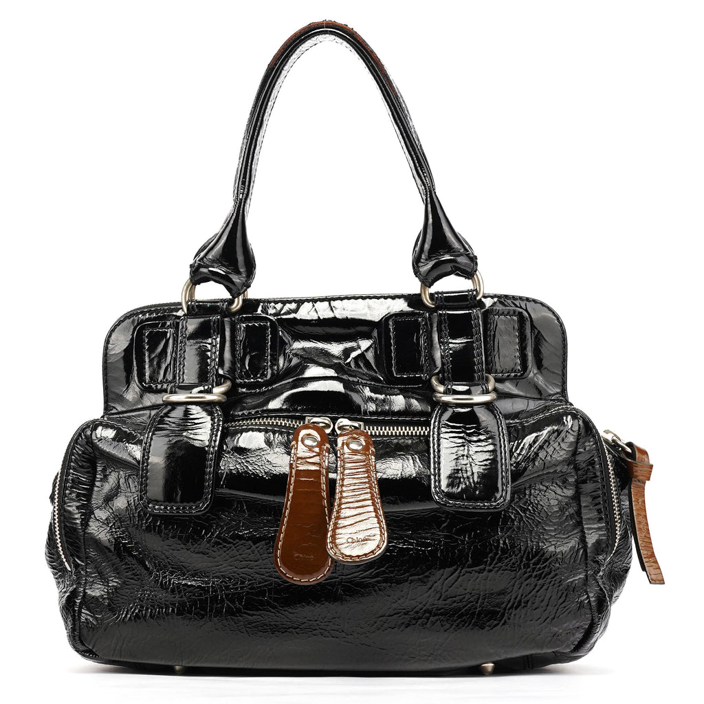 Black Patent Leather Bay Tote Bag