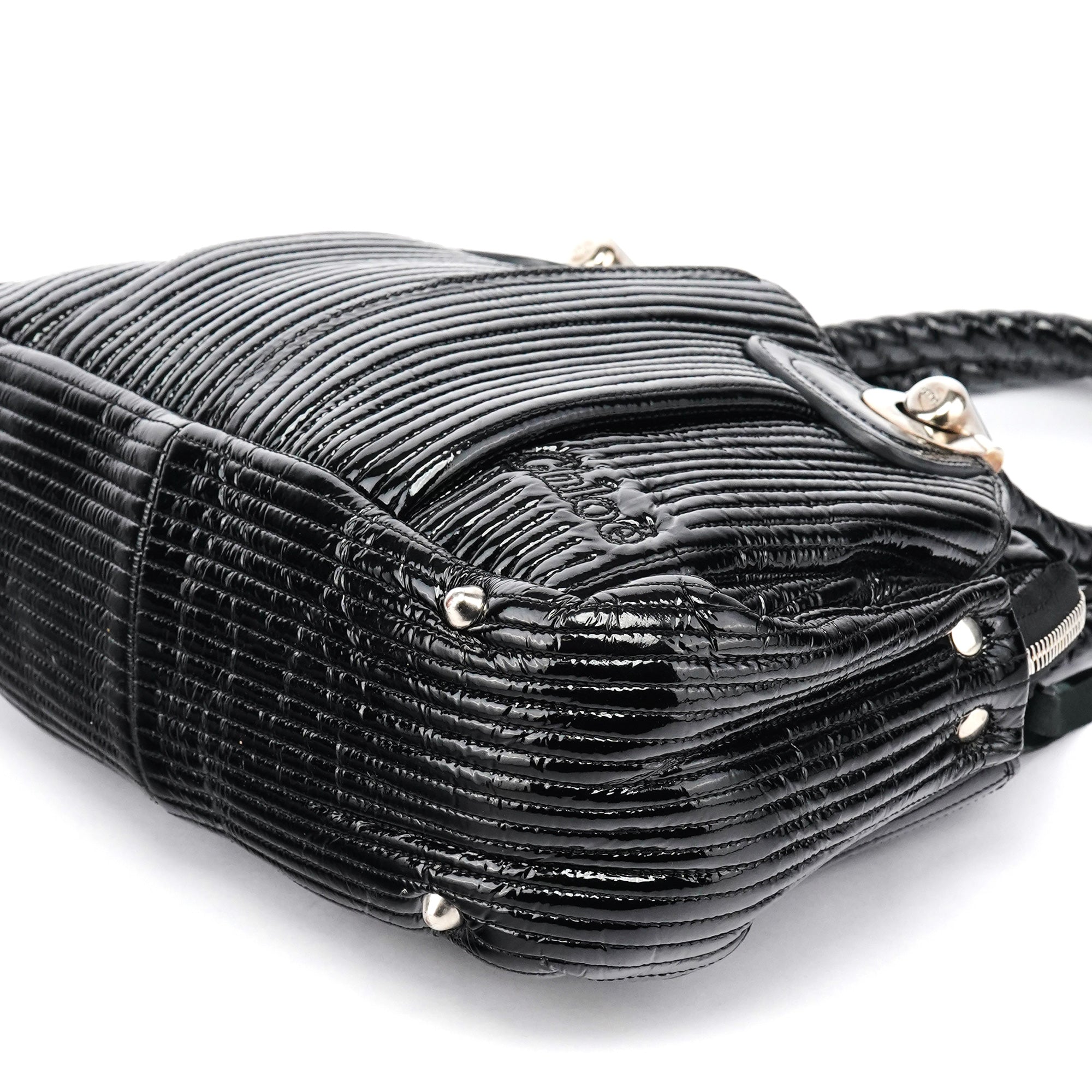 Black Quilted Patent Leather Bay Tote Bag