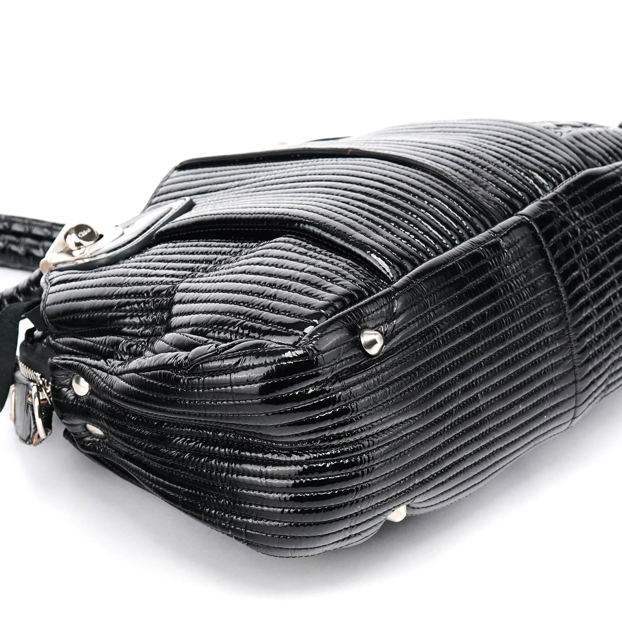 Black Quilted Patent Leather Bay Tote Bag