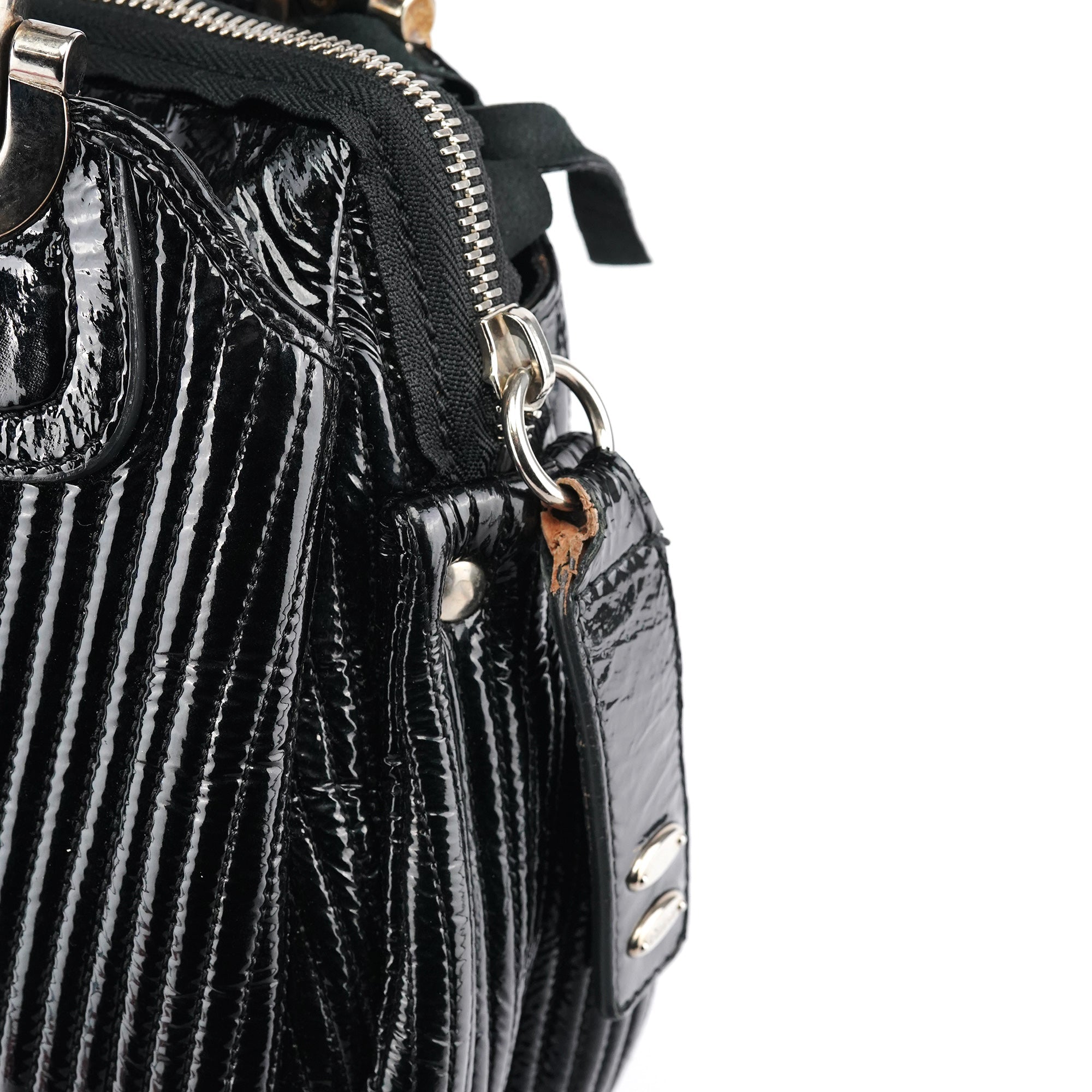 Black Quilted Patent Leather Bay Tote Bag
