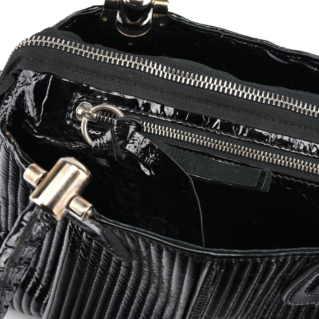 Black Quilted Patent Leather Bay Tote Bag