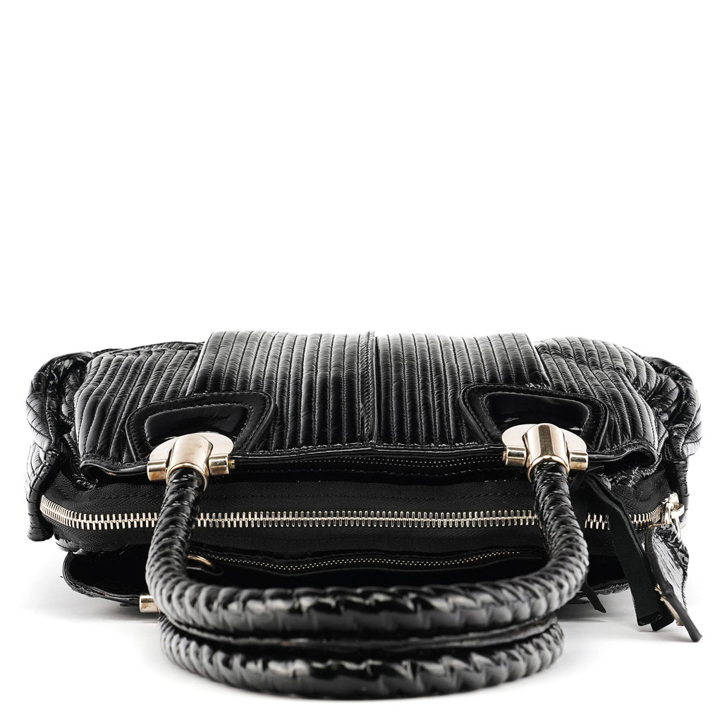 Black Quilted Patent Leather Bay Tote Bag