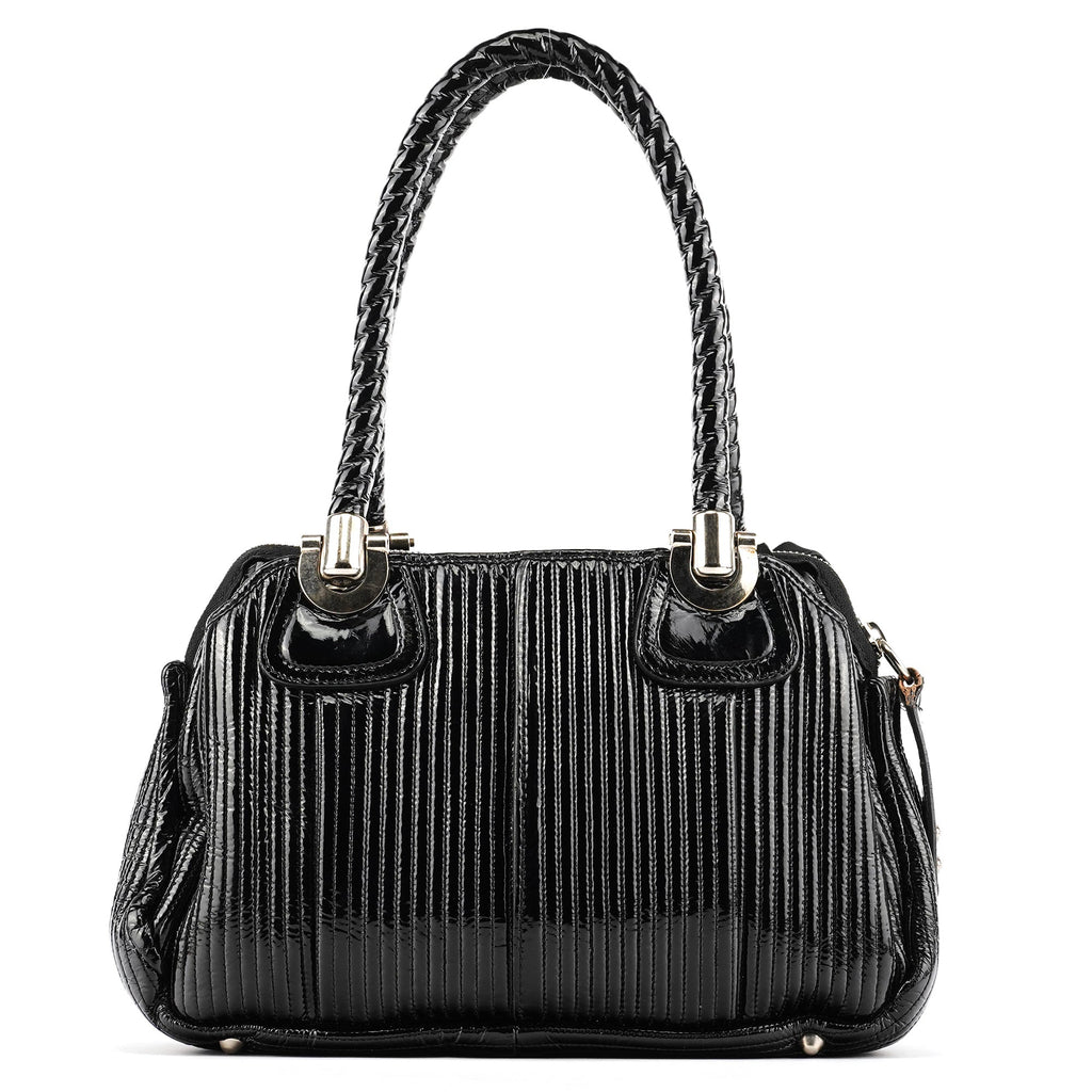 Black Quilted Patent Leather Bay Tote Bag