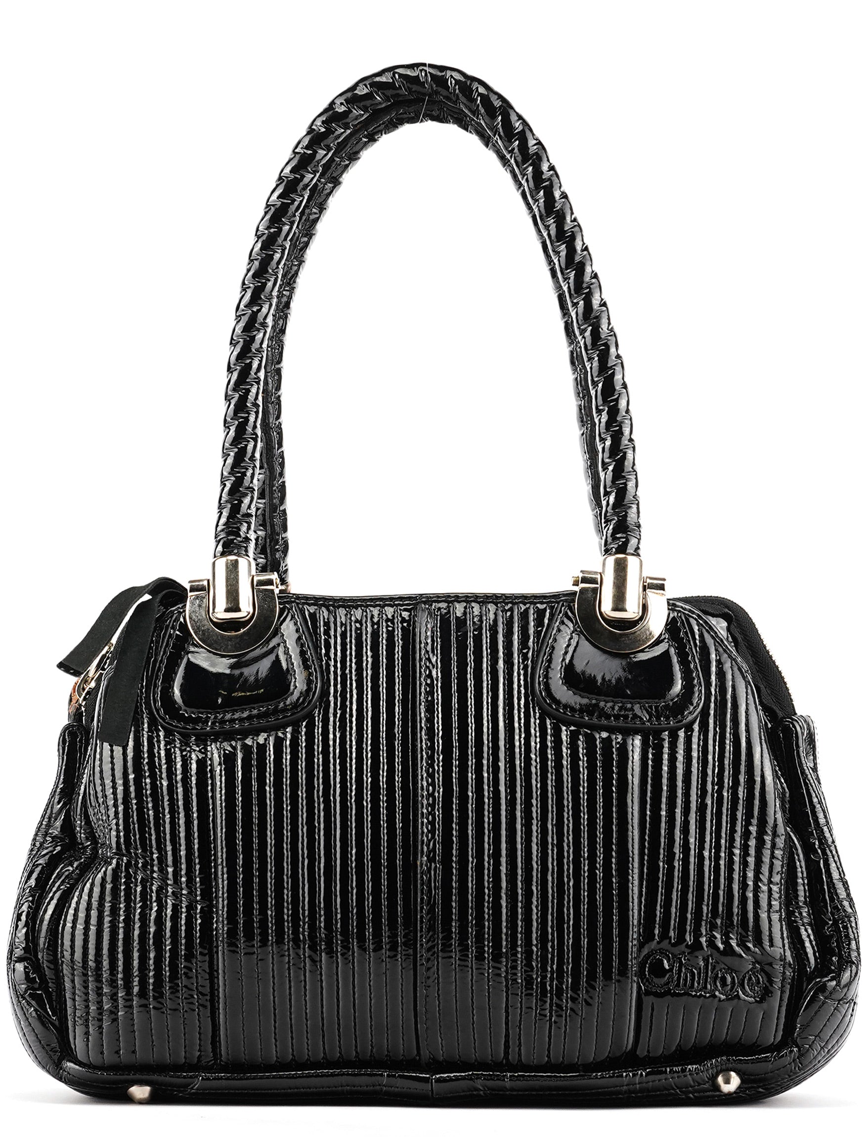 Black Quilted Patent Leather Bay Tote Bag