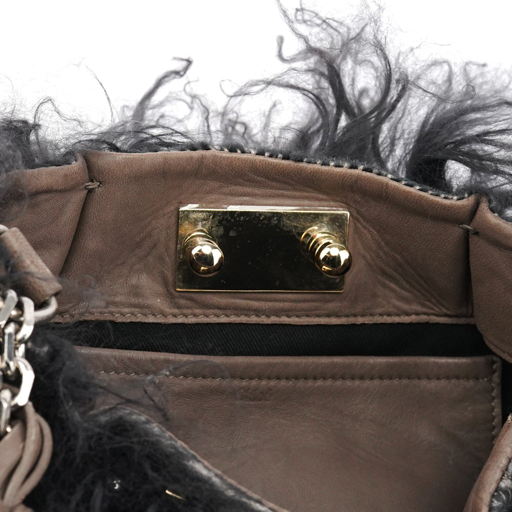 Black Shearling Embellished Chain Shoulder Bag