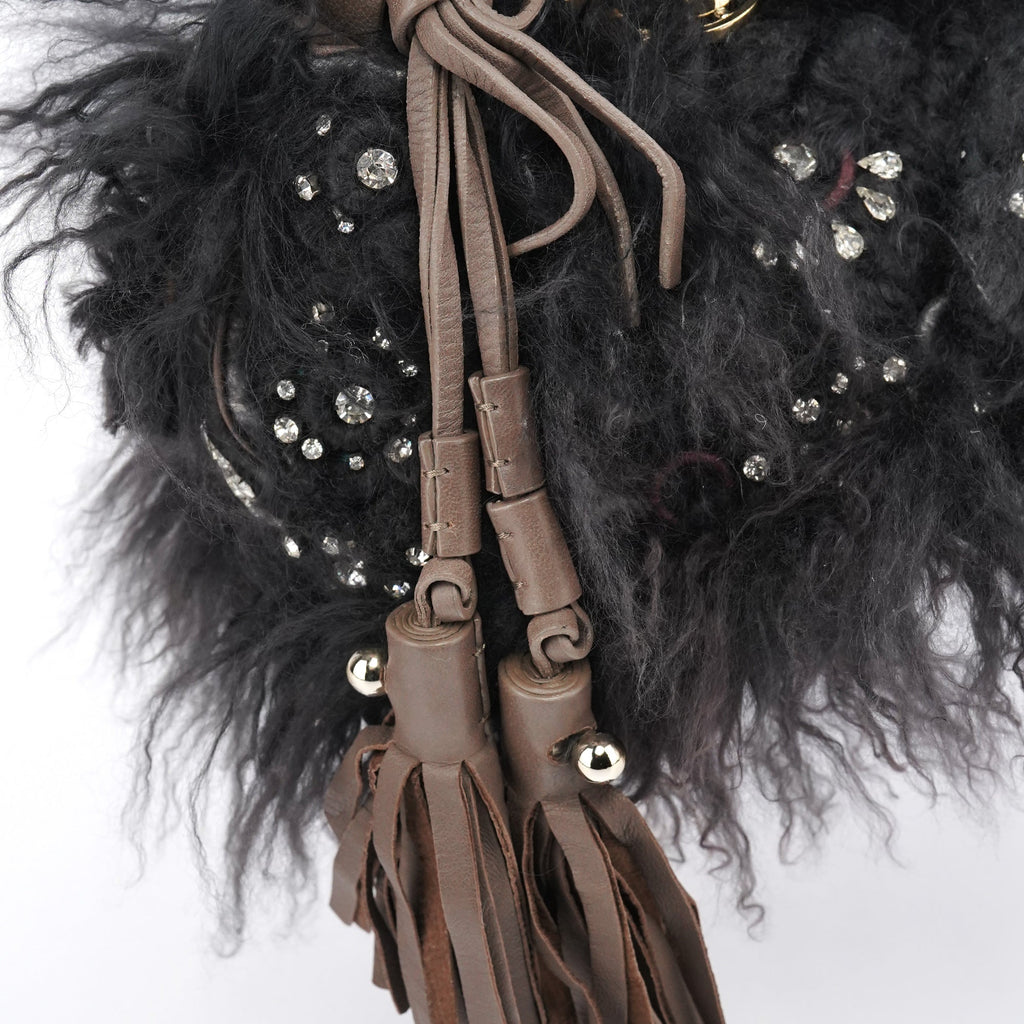Black Shearling Embellished Chain Shoulder Bag