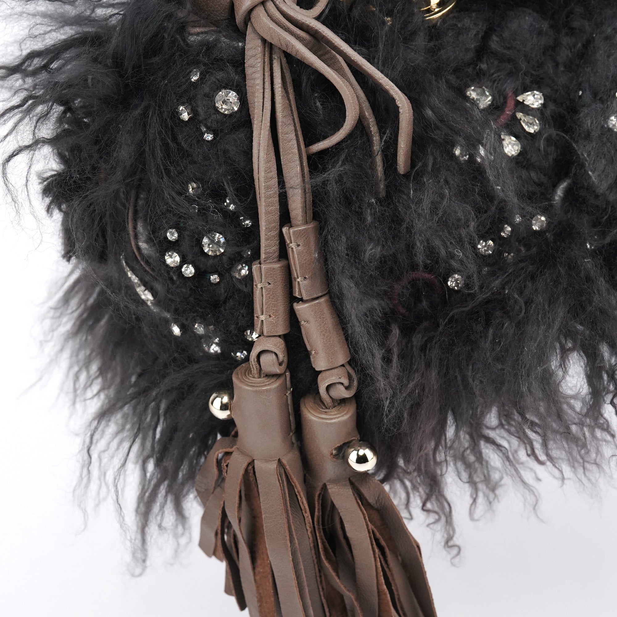 Black Shearling Embellished Chain Shoulder Bag