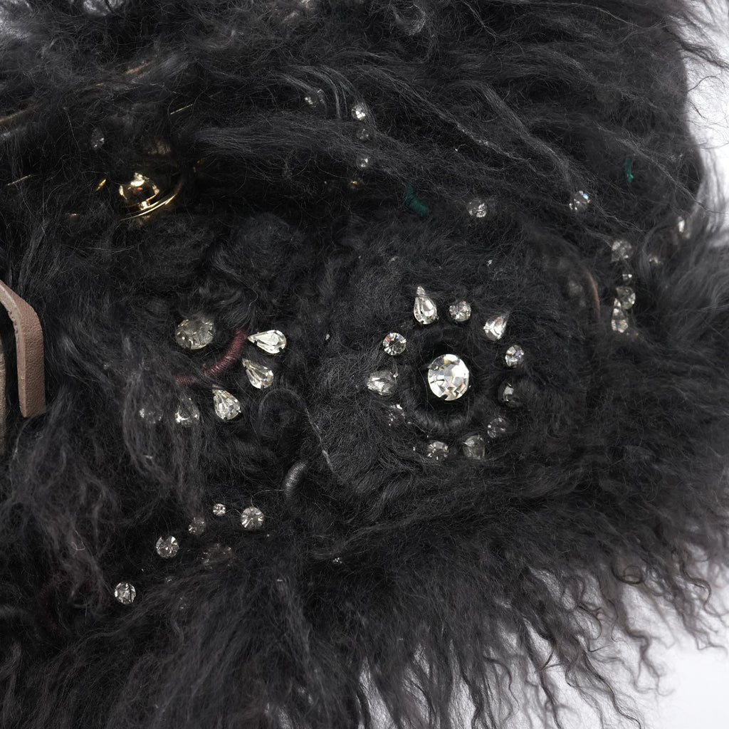 Black Shearling Embellished Chain Shoulder Bag