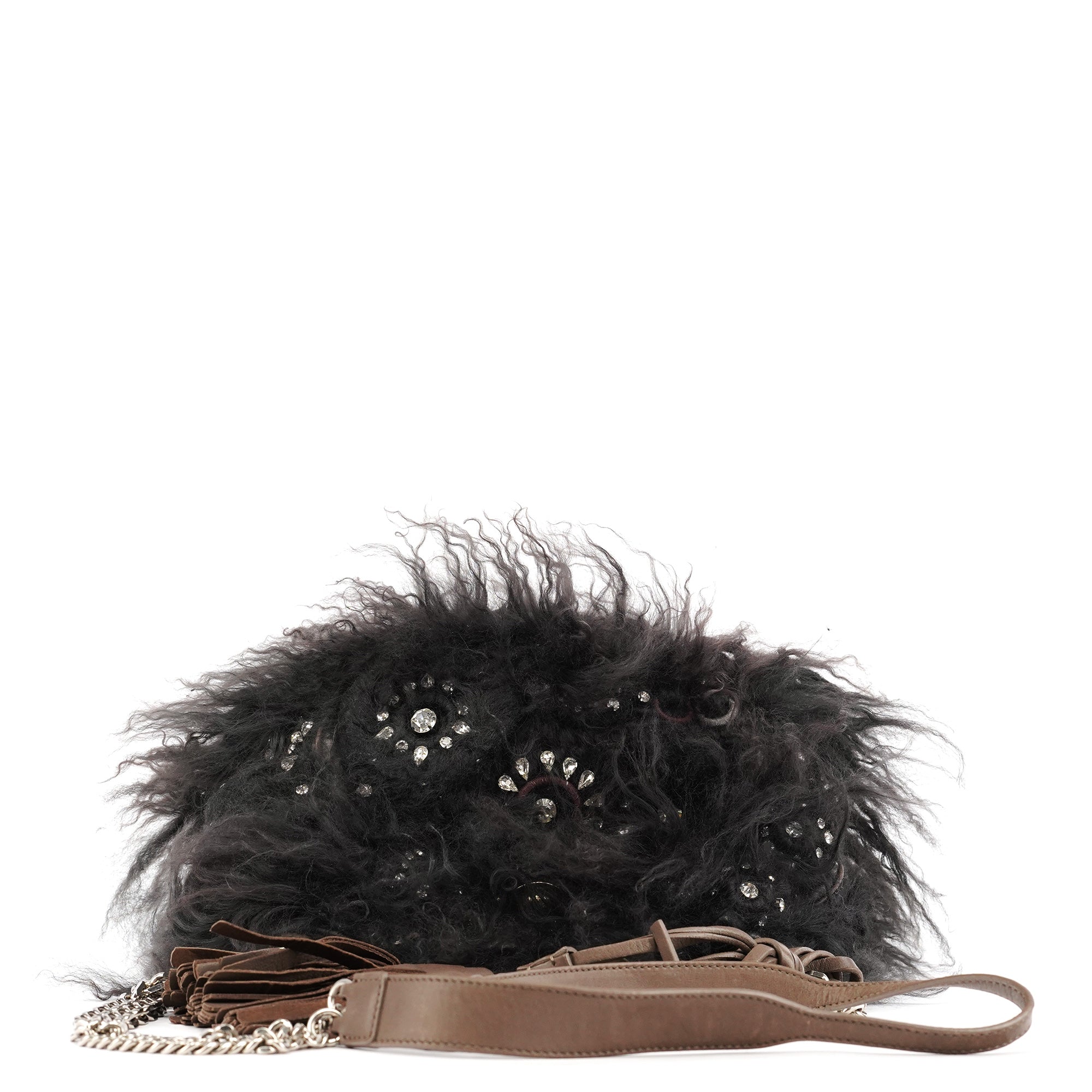 Black Shearling Embellished Chain Shoulder Bag