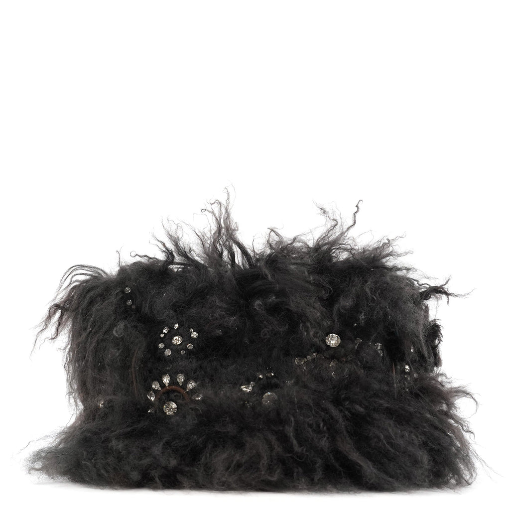 Black Shearling Embellished Chain Shoulder Bag