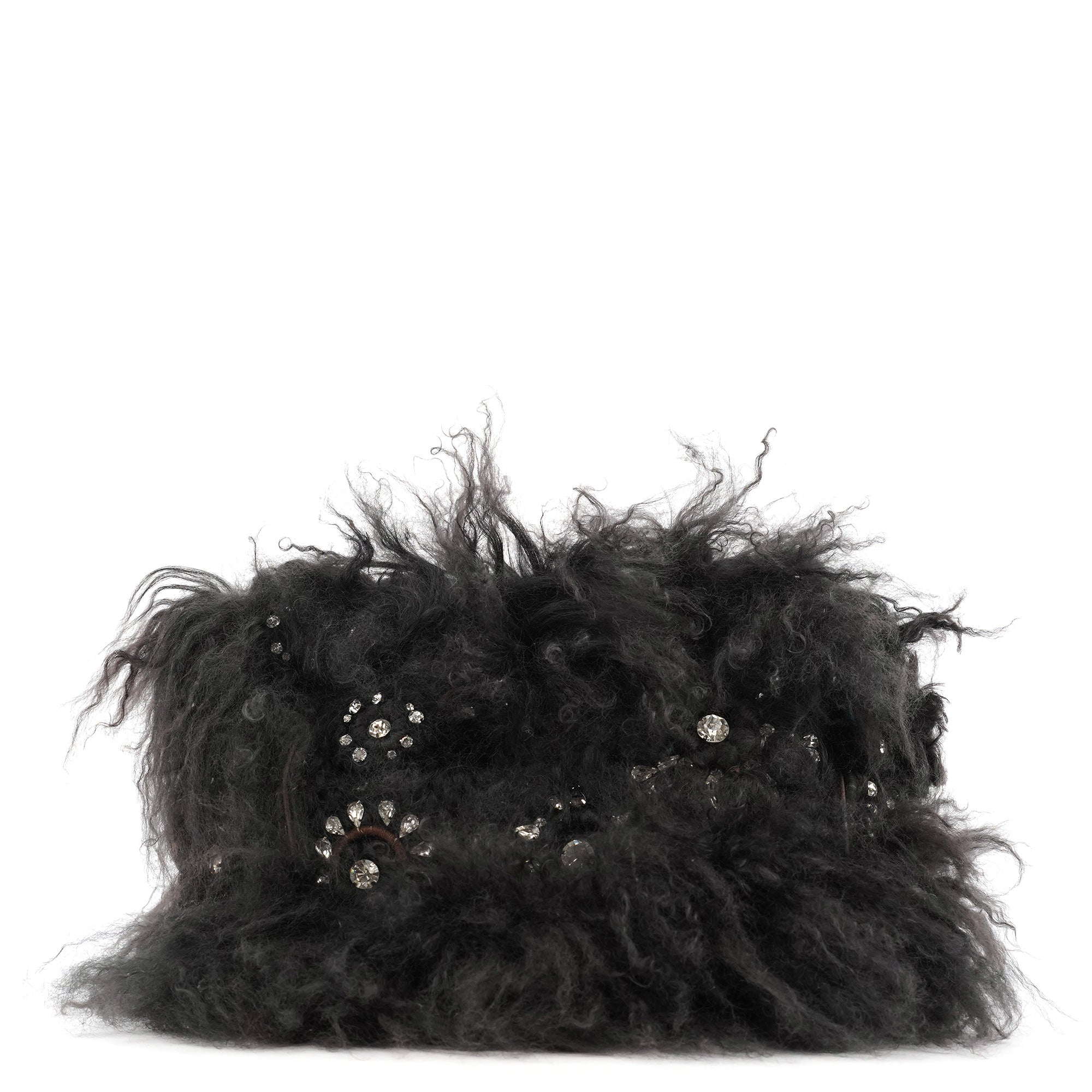 Black Shearling Embellished Chain Shoulder Bag
