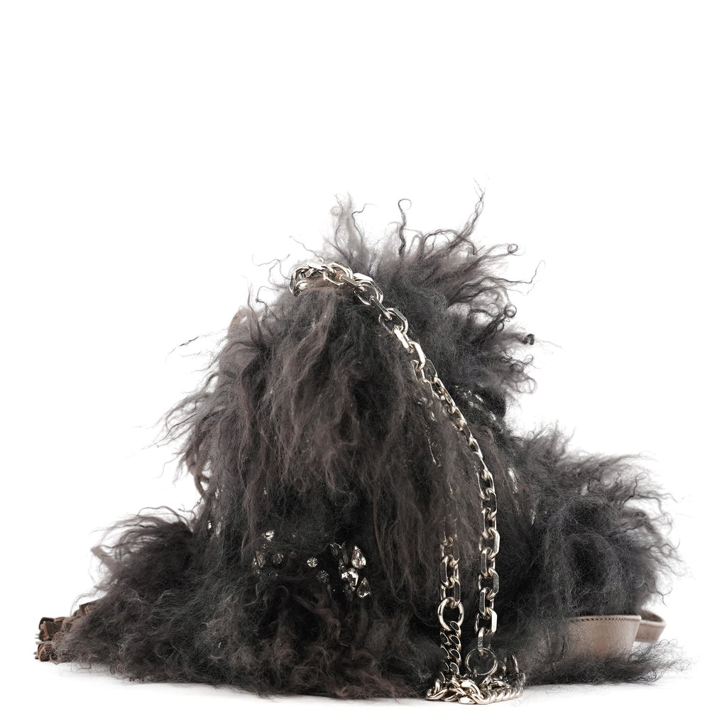 Black Shearling Embellished Chain Shoulder Bag