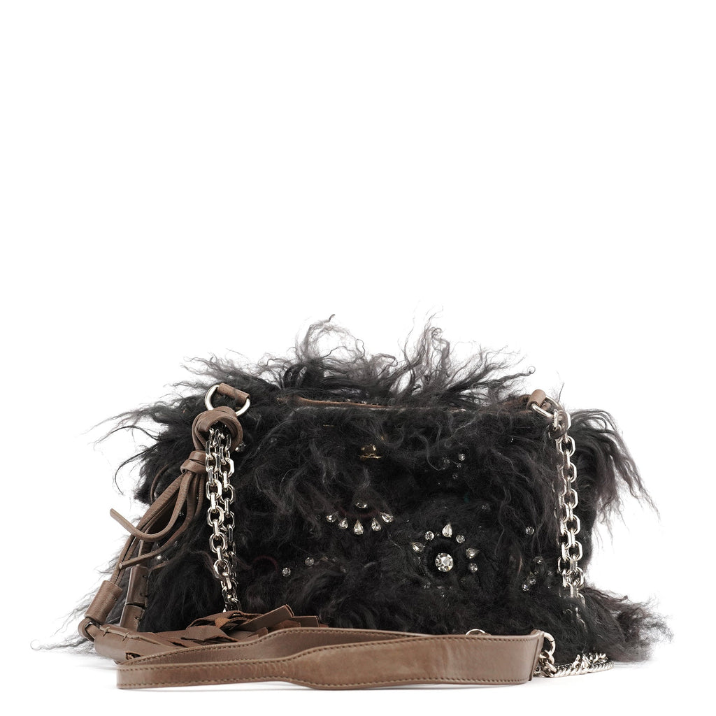 Black Shearling Embellished Chain Shoulder Bag