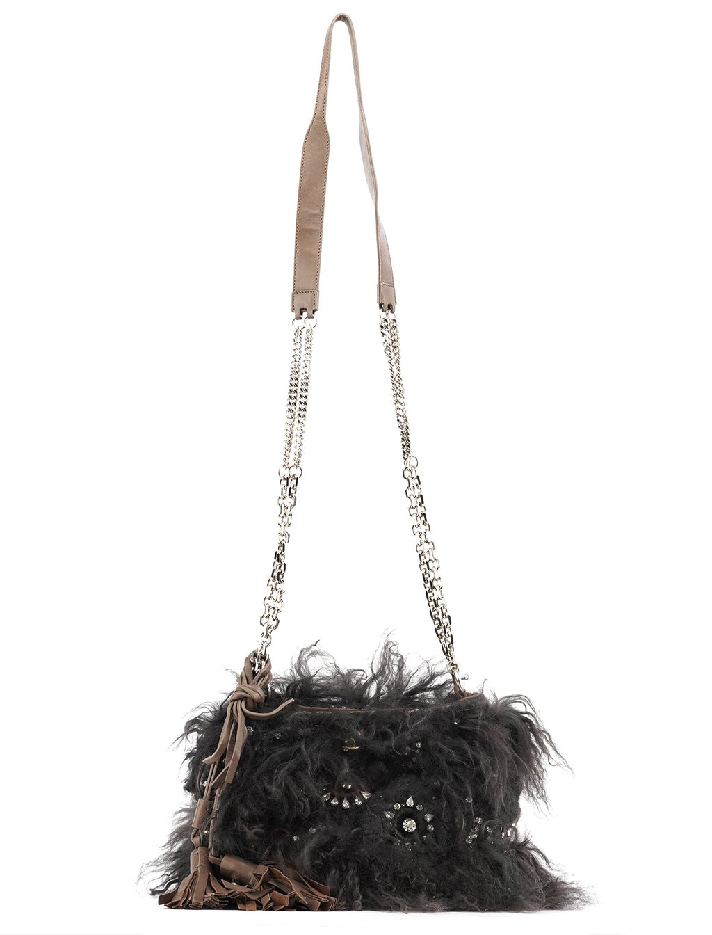 Black Shearling Embellished Chain Shoulder Bag