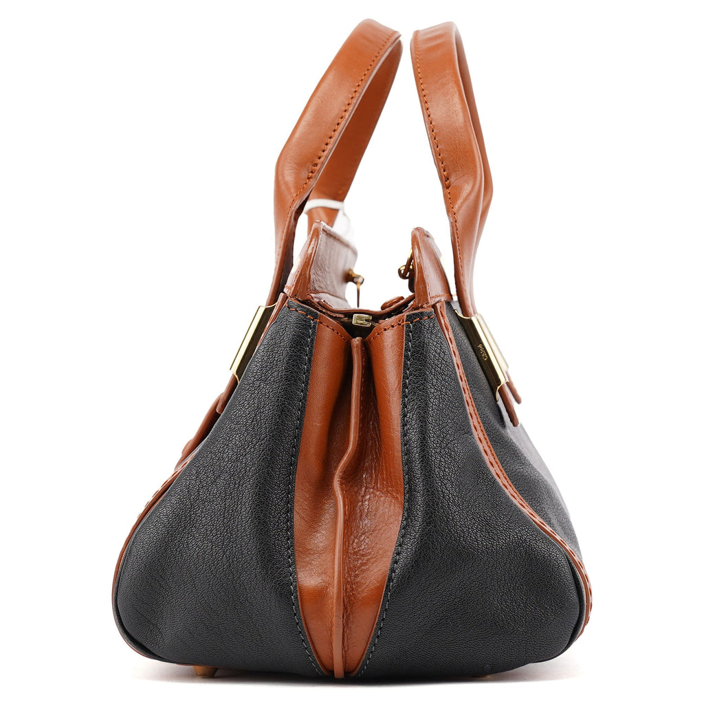 Brown Black Calfskin Leather 2-Way Bag