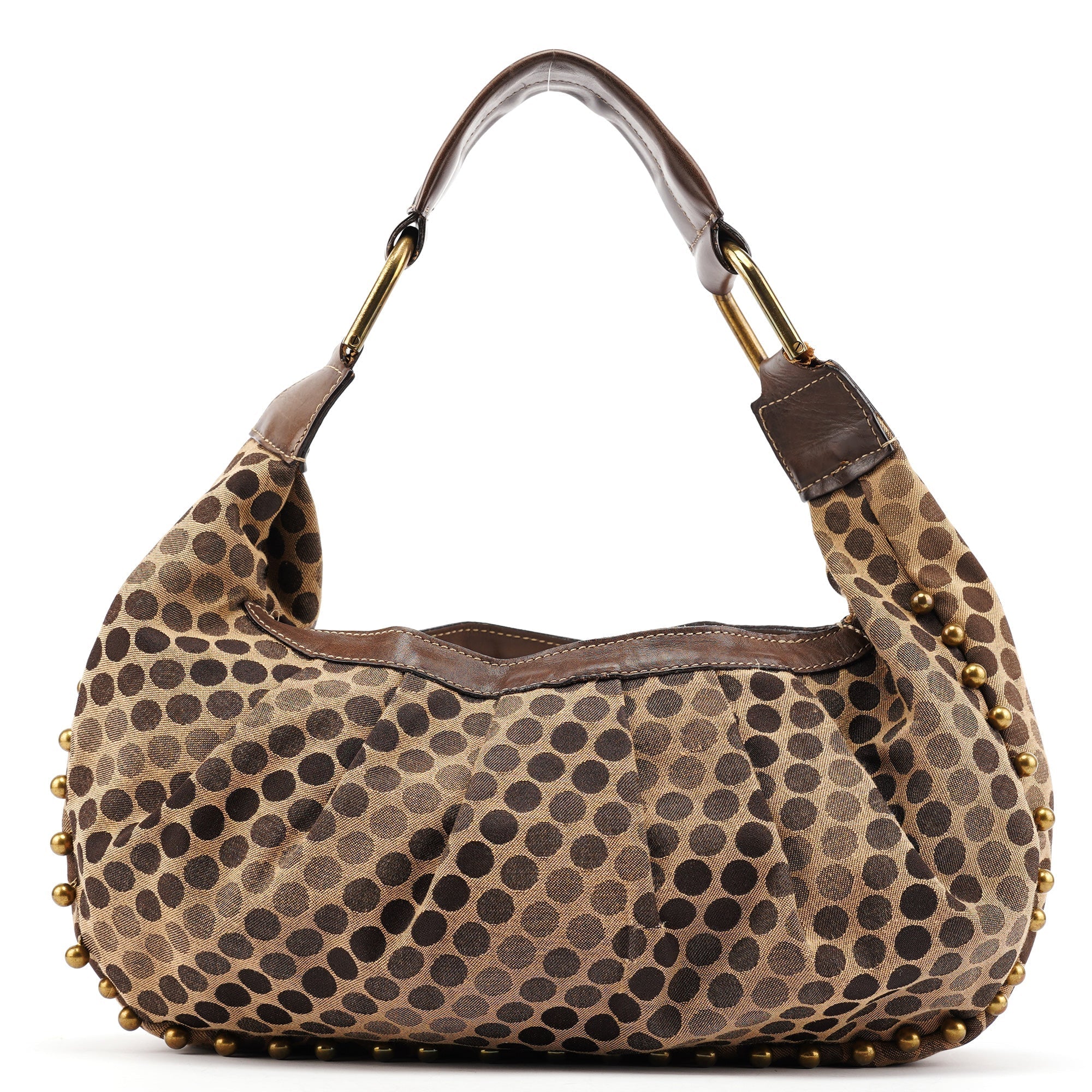 Brown Canvas Polkadot Hobo Shoulder Bag
