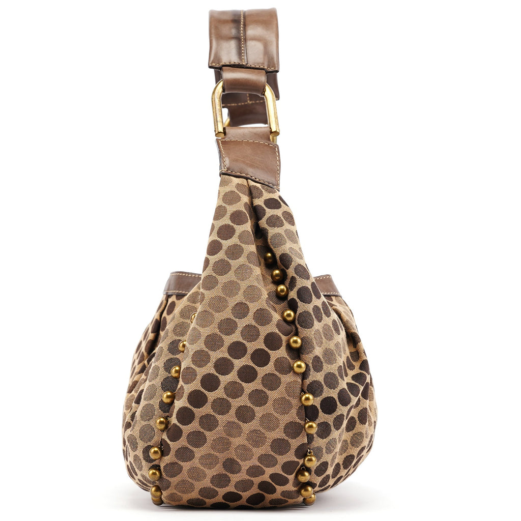 Brown Canvas Polkadot Hobo Shoulder Bag