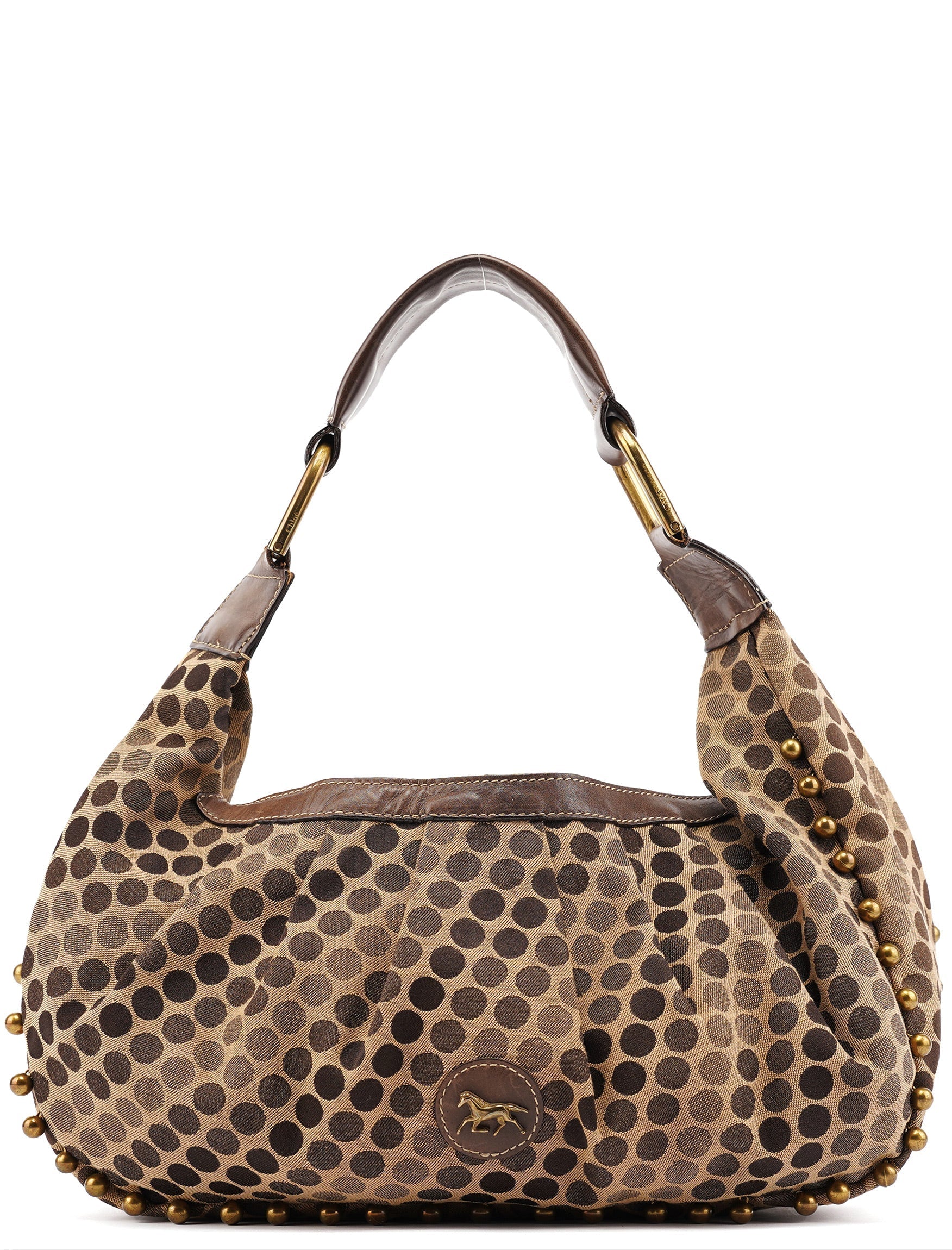 Brown Canvas Polkadot Hobo Shoulder Bag
