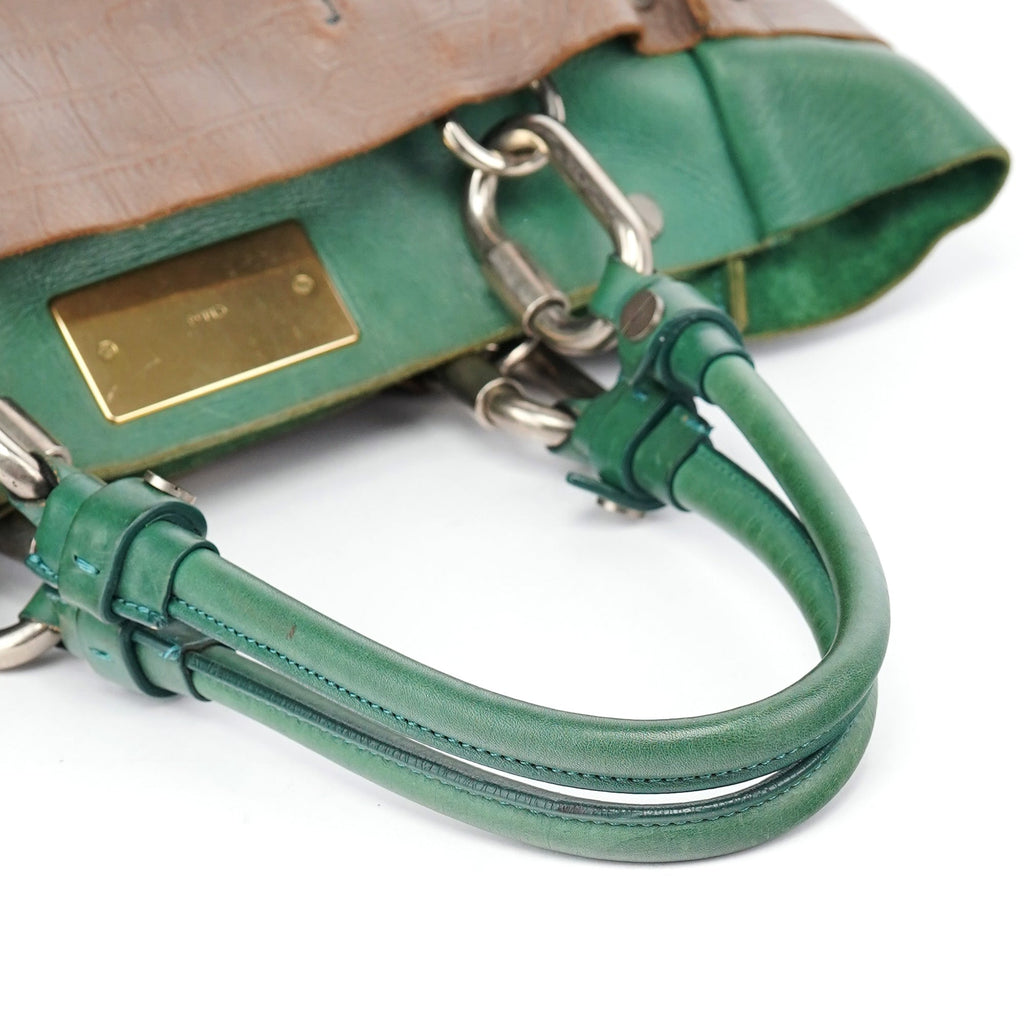 Brown Green Leather Tote Bag