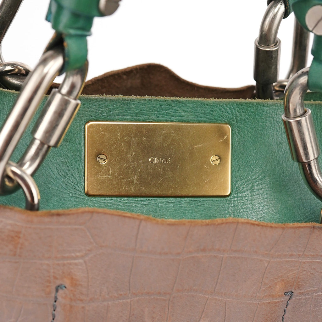 Brown Green Leather Tote Bag