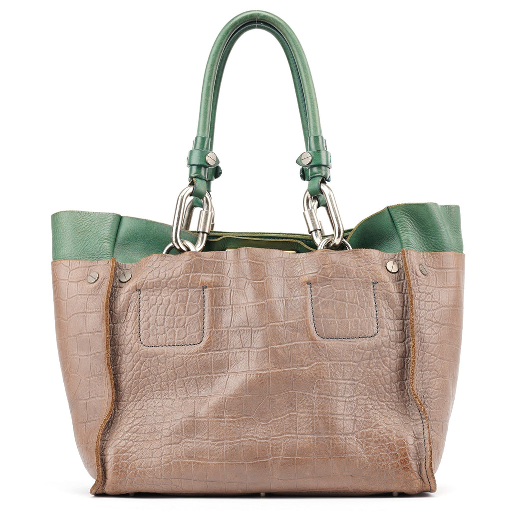 Brown Green Leather Tote Bag