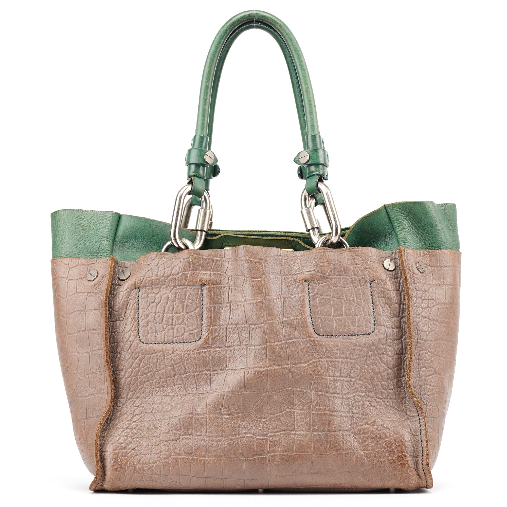 Brown Green Leather Tote Bag