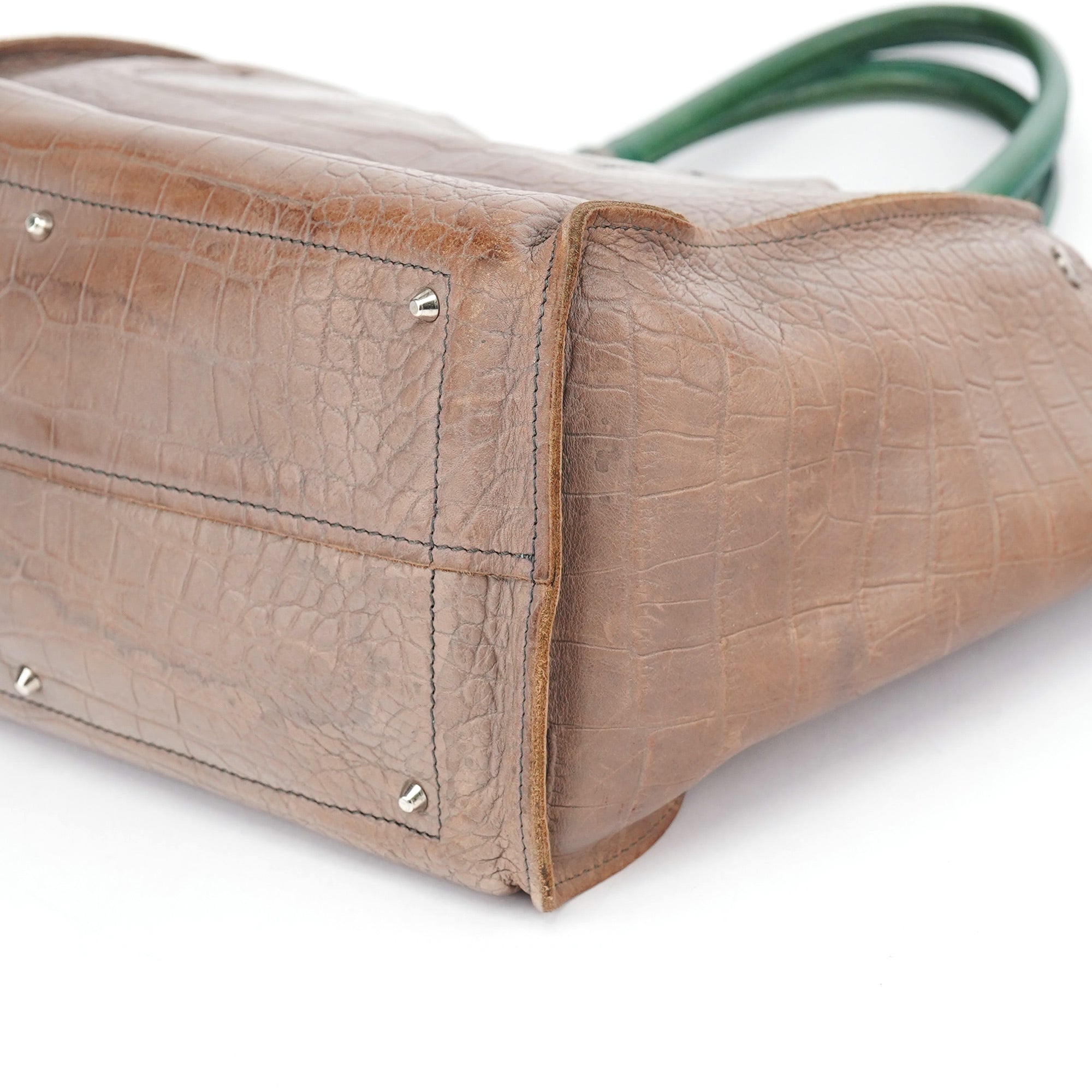Brown Green Leather Tote Bag