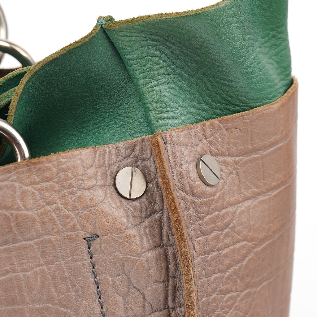 Brown Green Leather Tote Bag