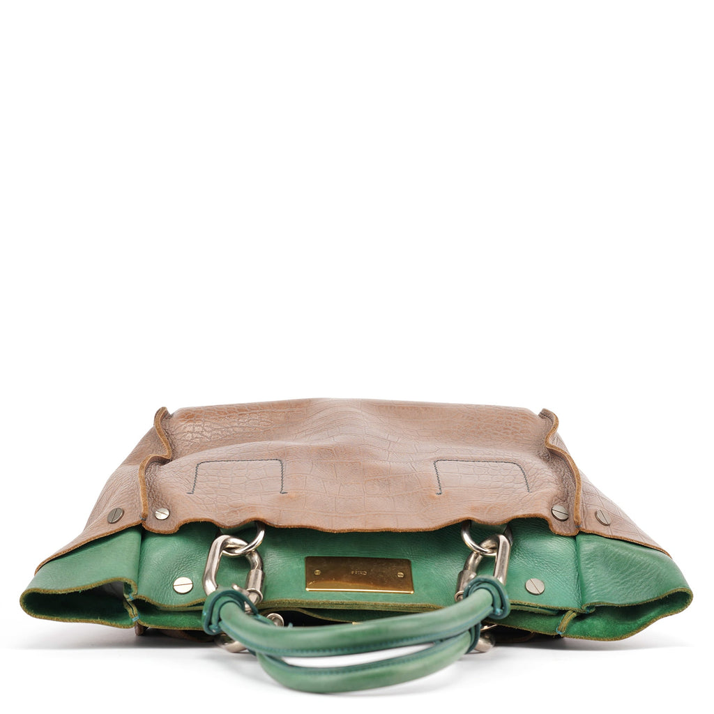 Brown Green Leather Tote Bag