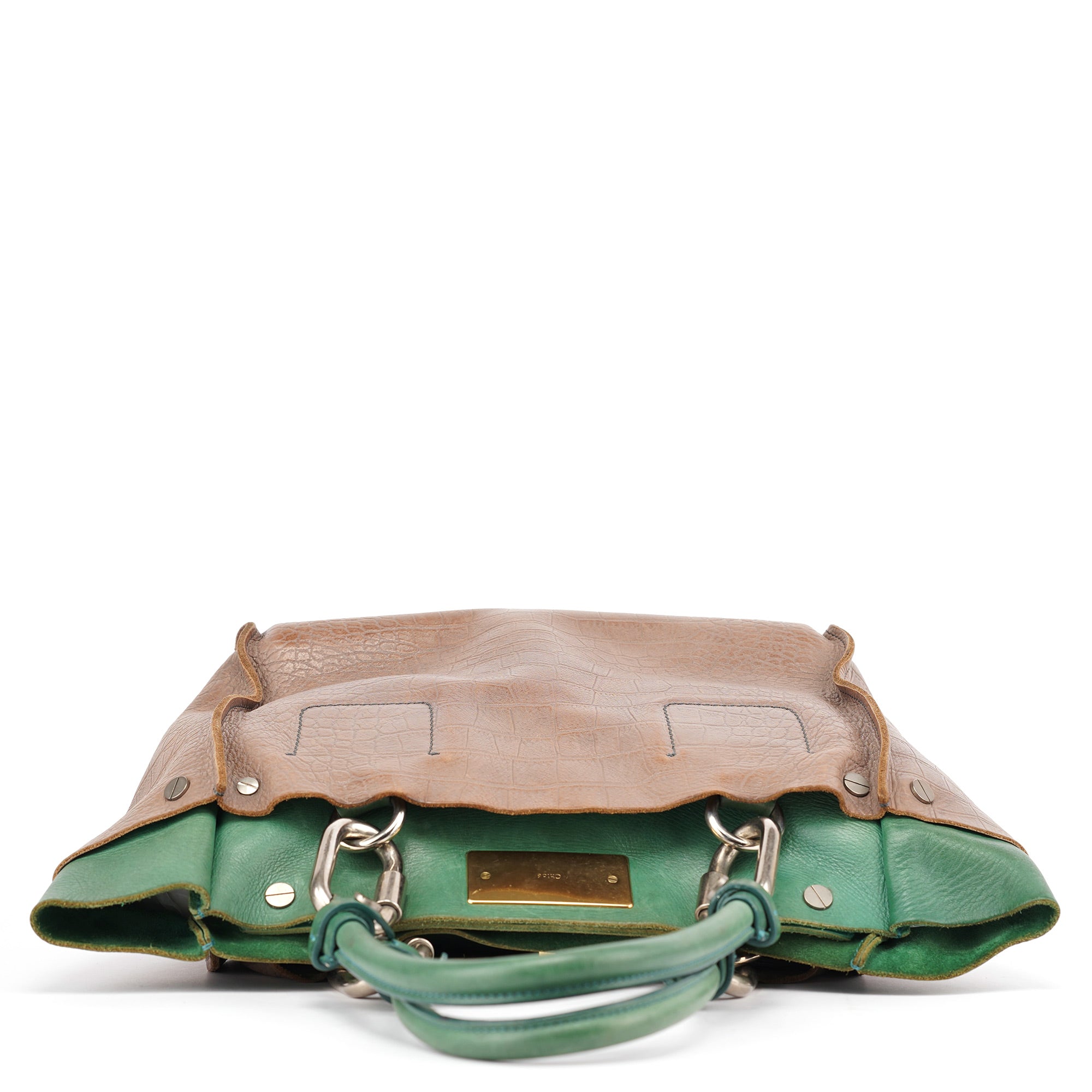Brown Green Leather Tote Bag