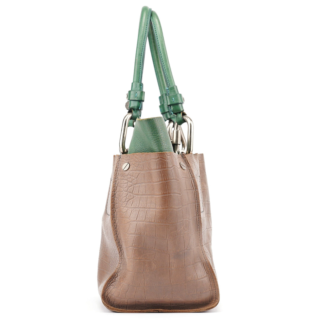 Brown Green Leather Tote Bag