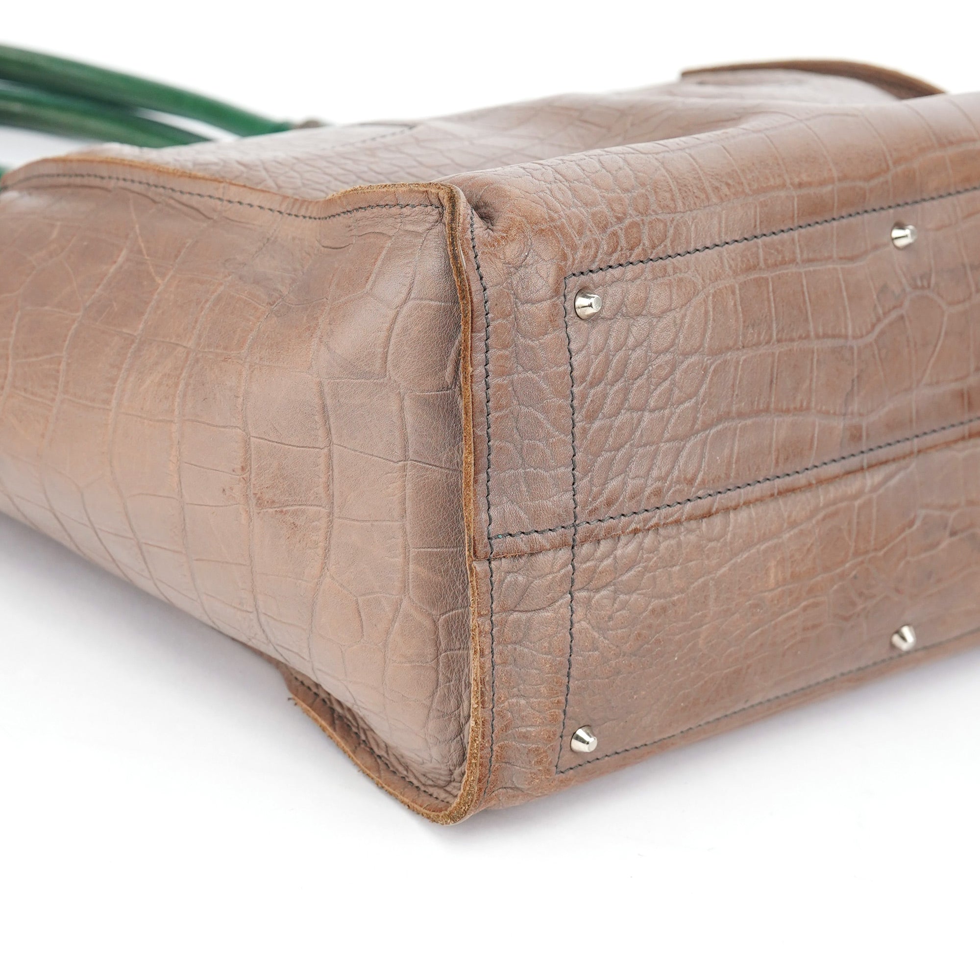 Brown Green Leather Tote Bag
