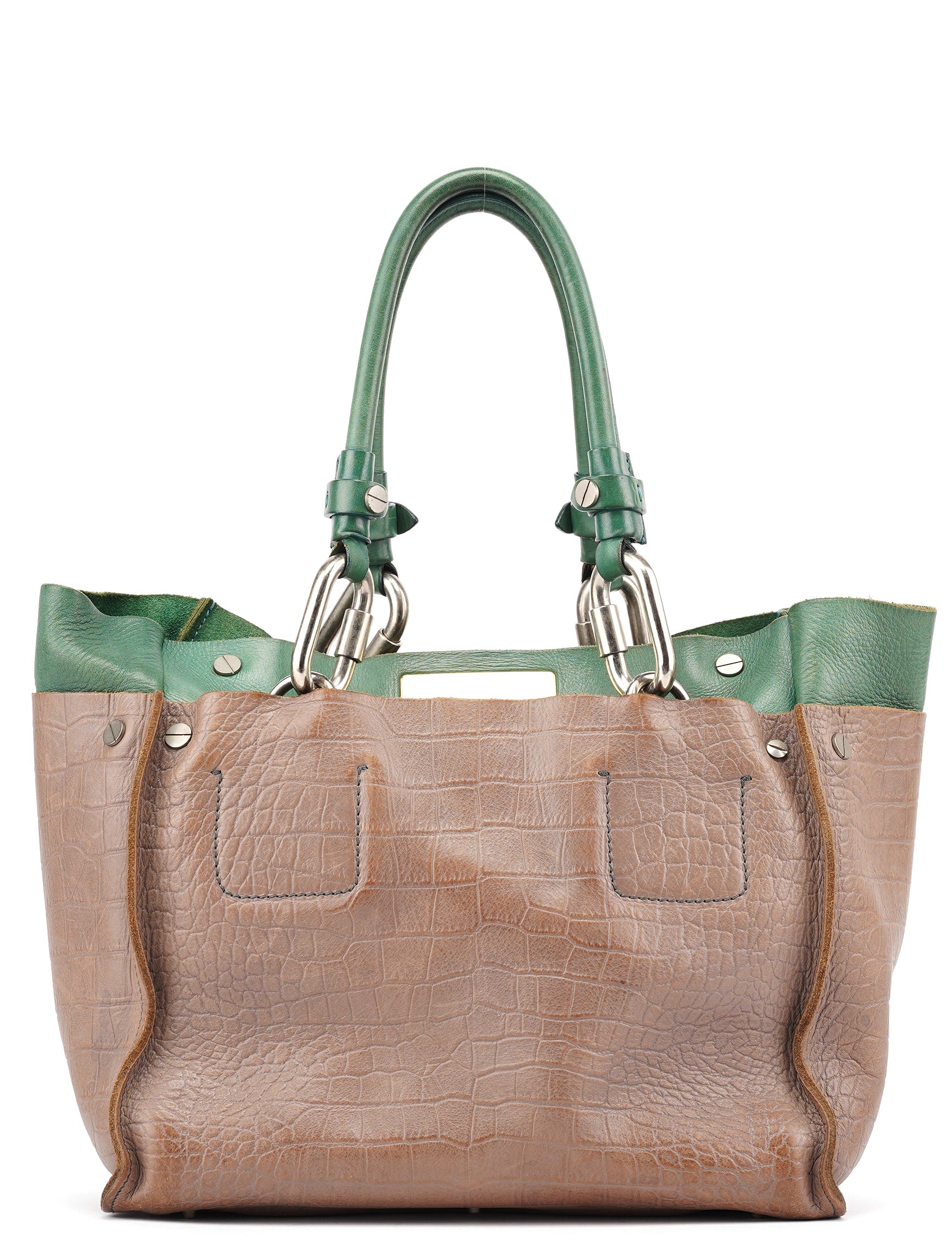 Brown Green Leather Tote Bag
