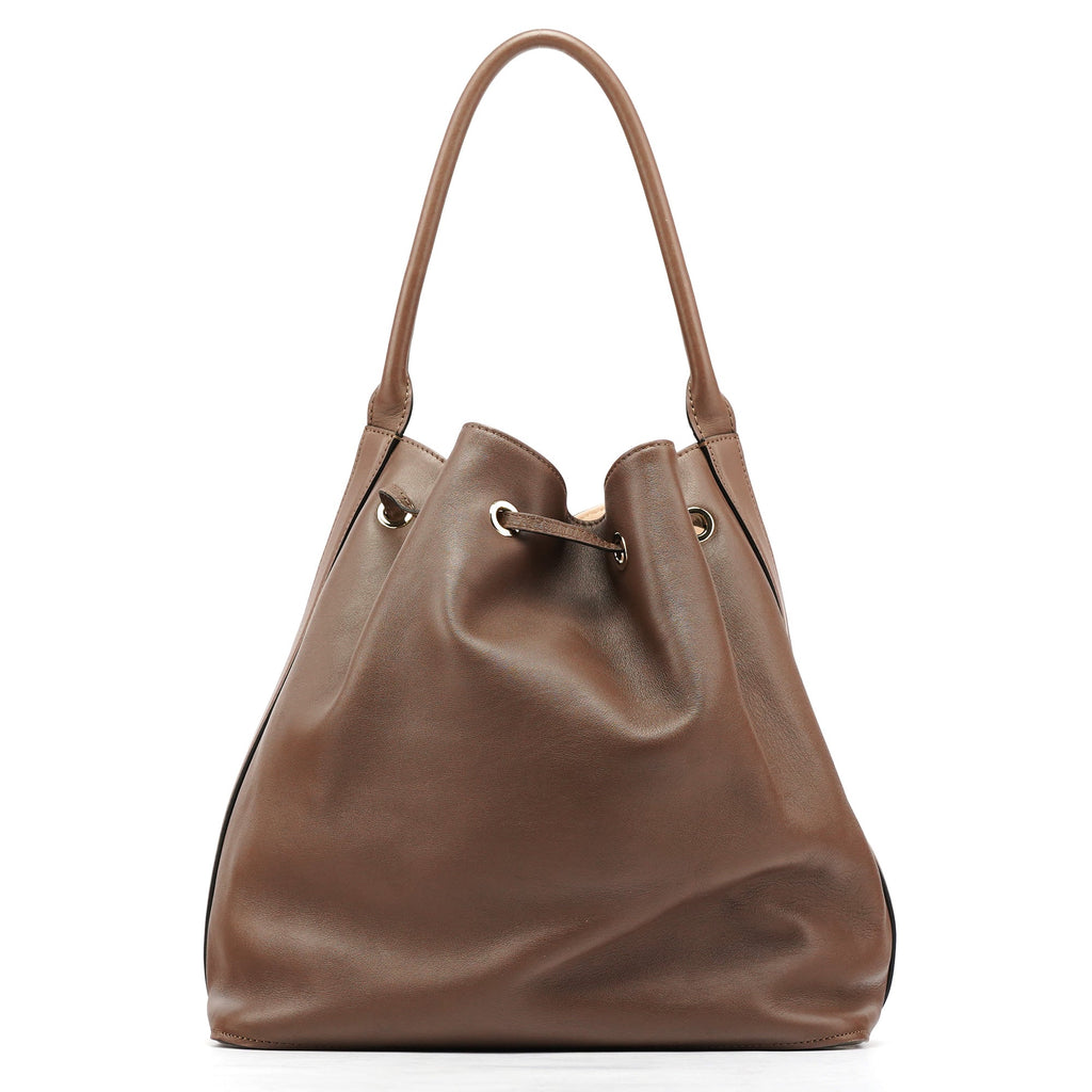 Brown Leather Drawstring Bucket Bag