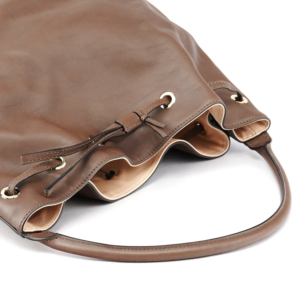 Brown Leather Drawstring Bucket Bag