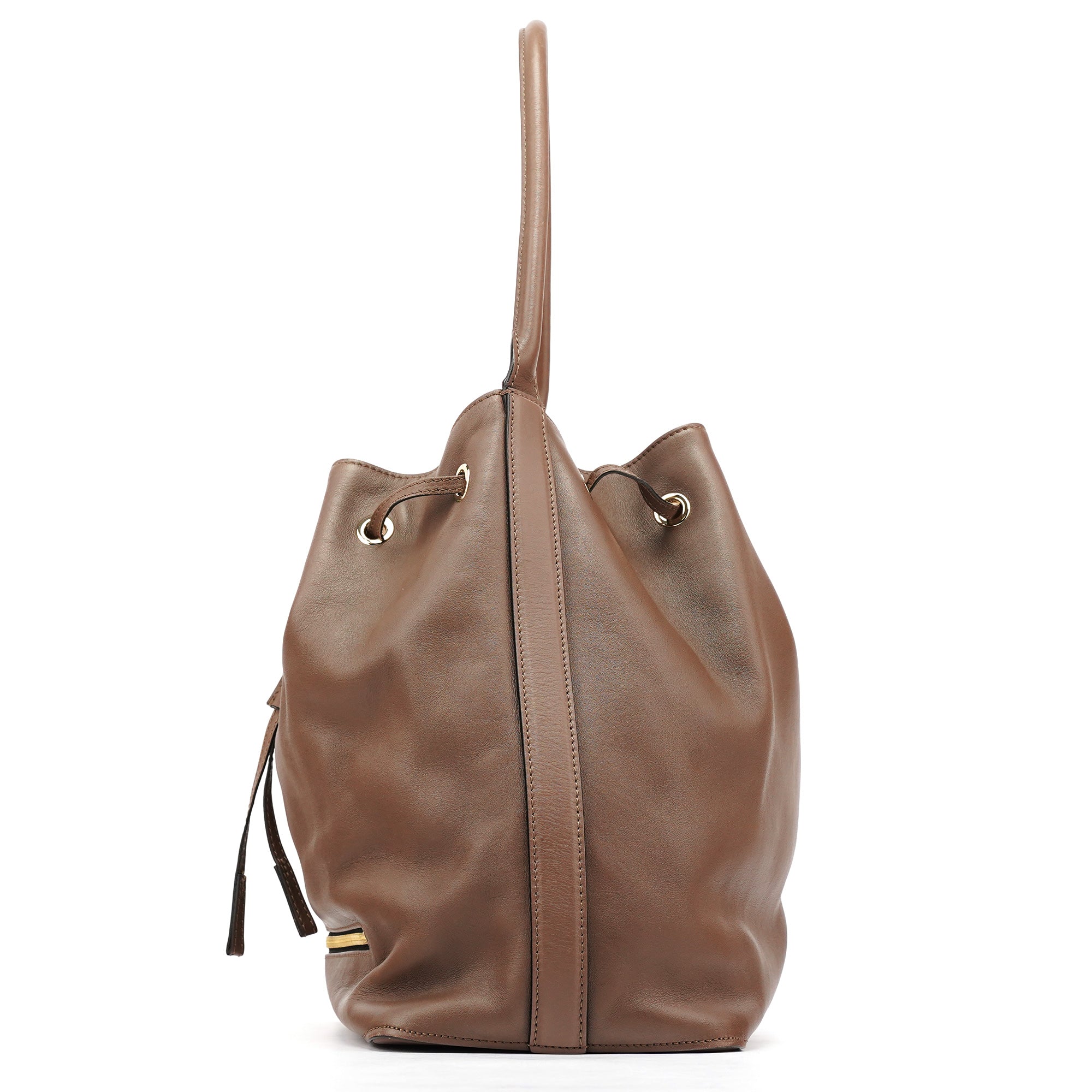 Brown Leather Drawstring Bucket Bag