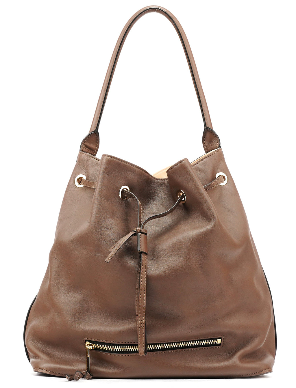 Brown Leather Drawstring Bucket Bag