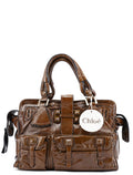 Brown Patent Leather Pocket Tote Bag