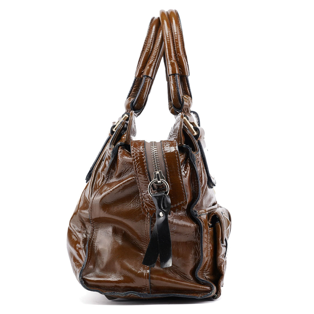 Brown Patent Leather Pocket Tote Bag