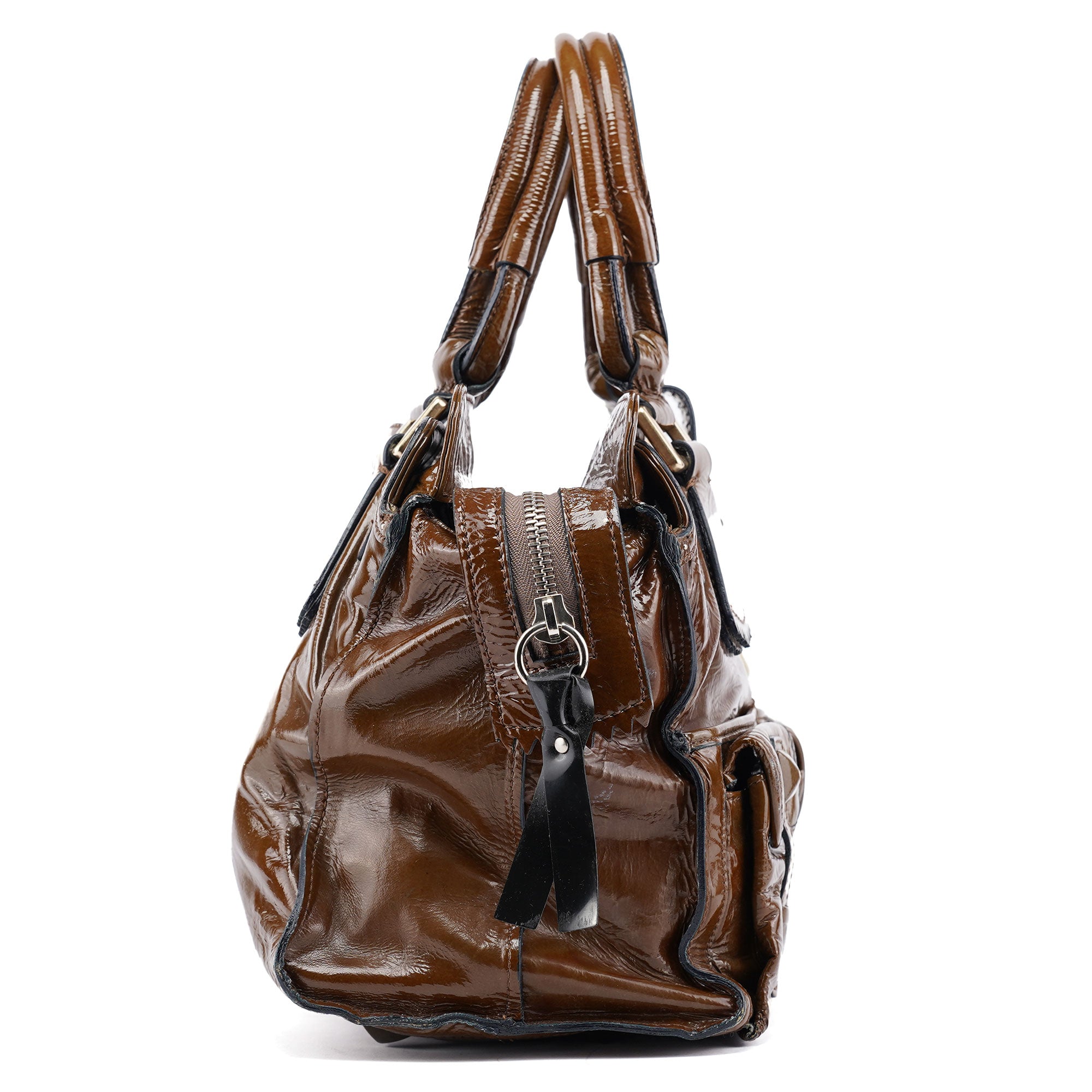Brown Patent Leather Pocket Tote Bag