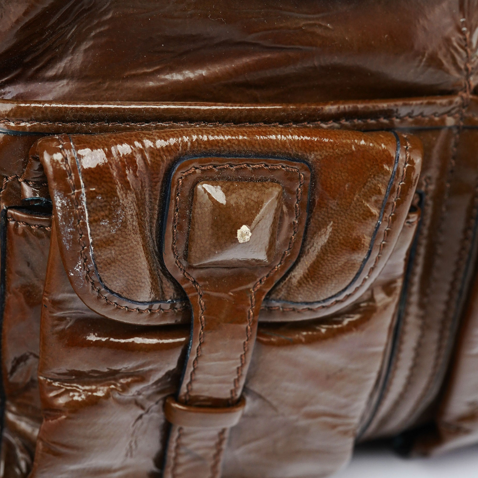 Brown Patent Leather Pocket Tote Bag