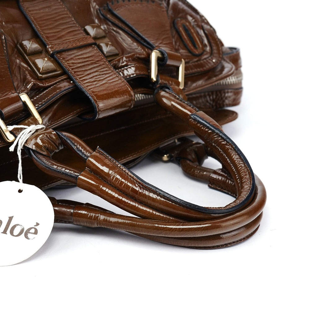 Brown Patent Leather Pocket Tote Bag