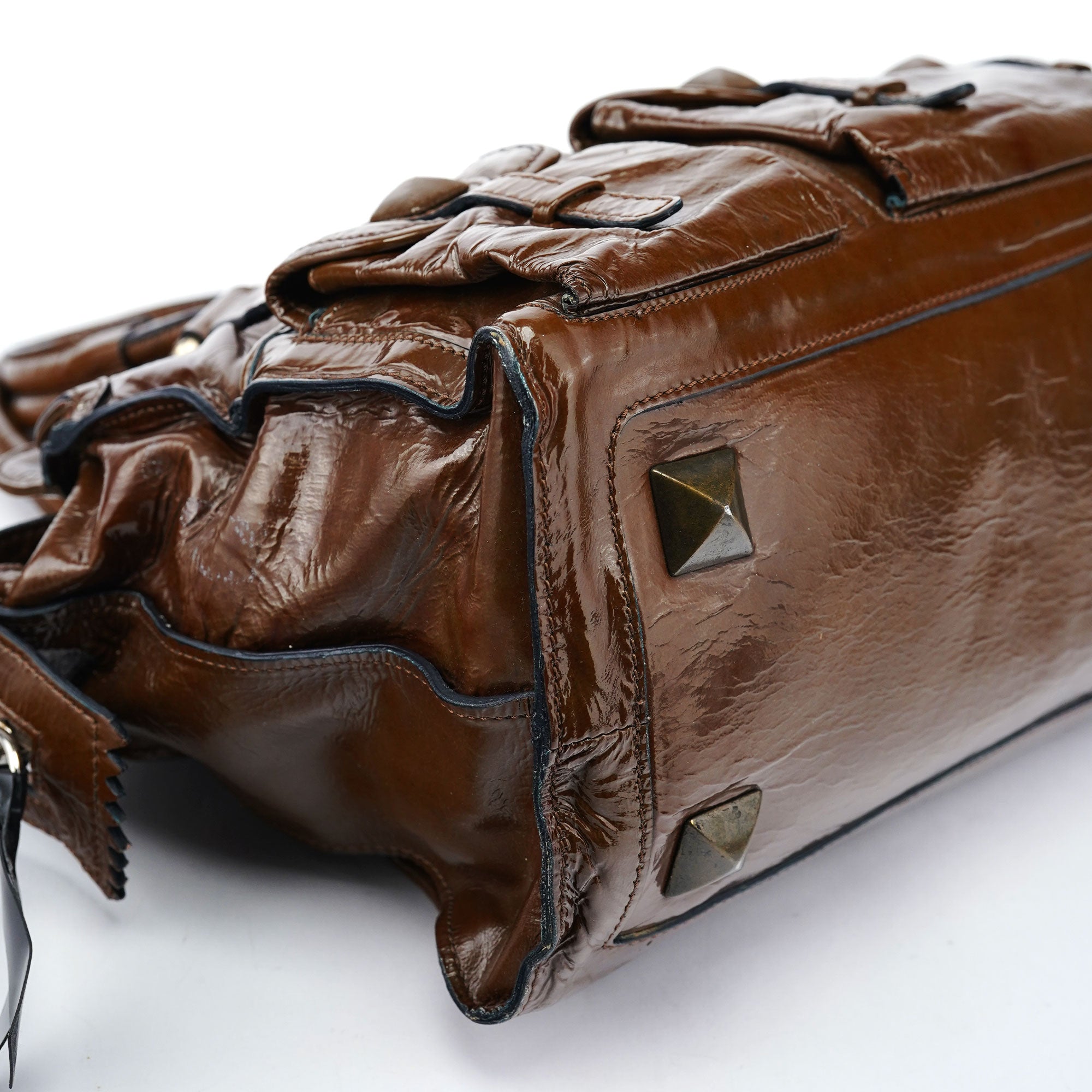 Brown Patent Leather Pocket Tote Bag