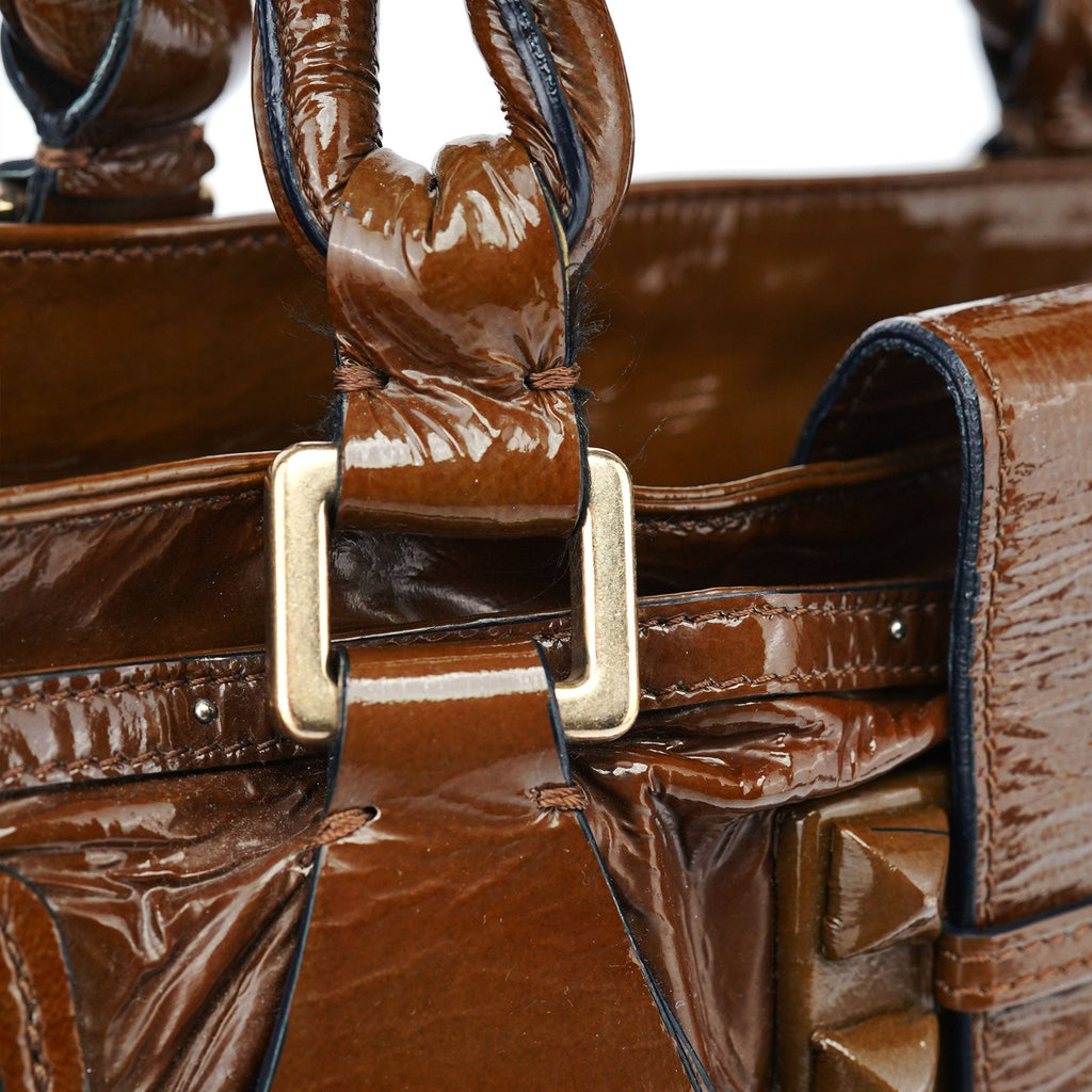 Brown Patent Leather Pocket Tote Bag