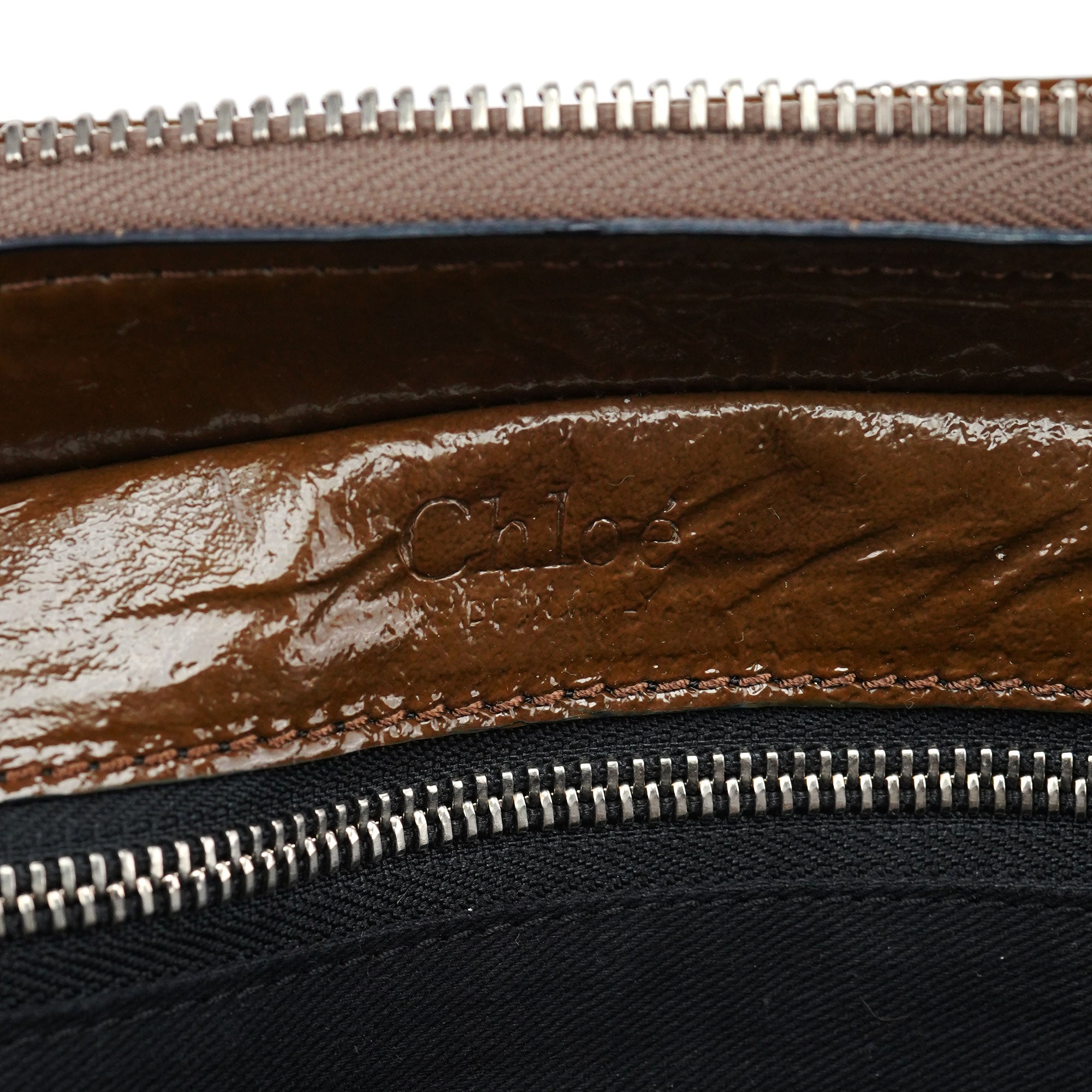 Brown Patent Leather Pocket Tote Bag