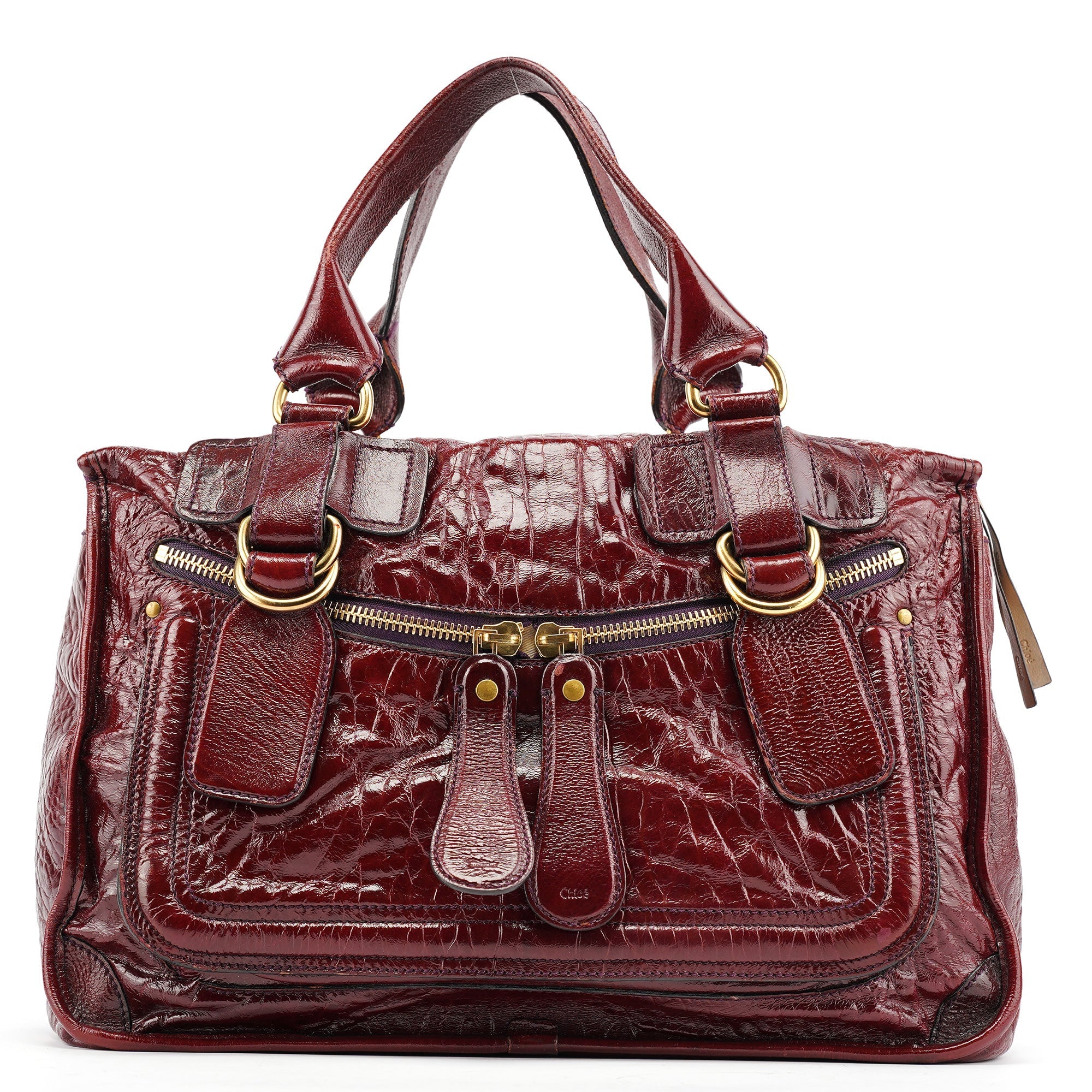 Burgundy Patent Leather Bay Tote Bag