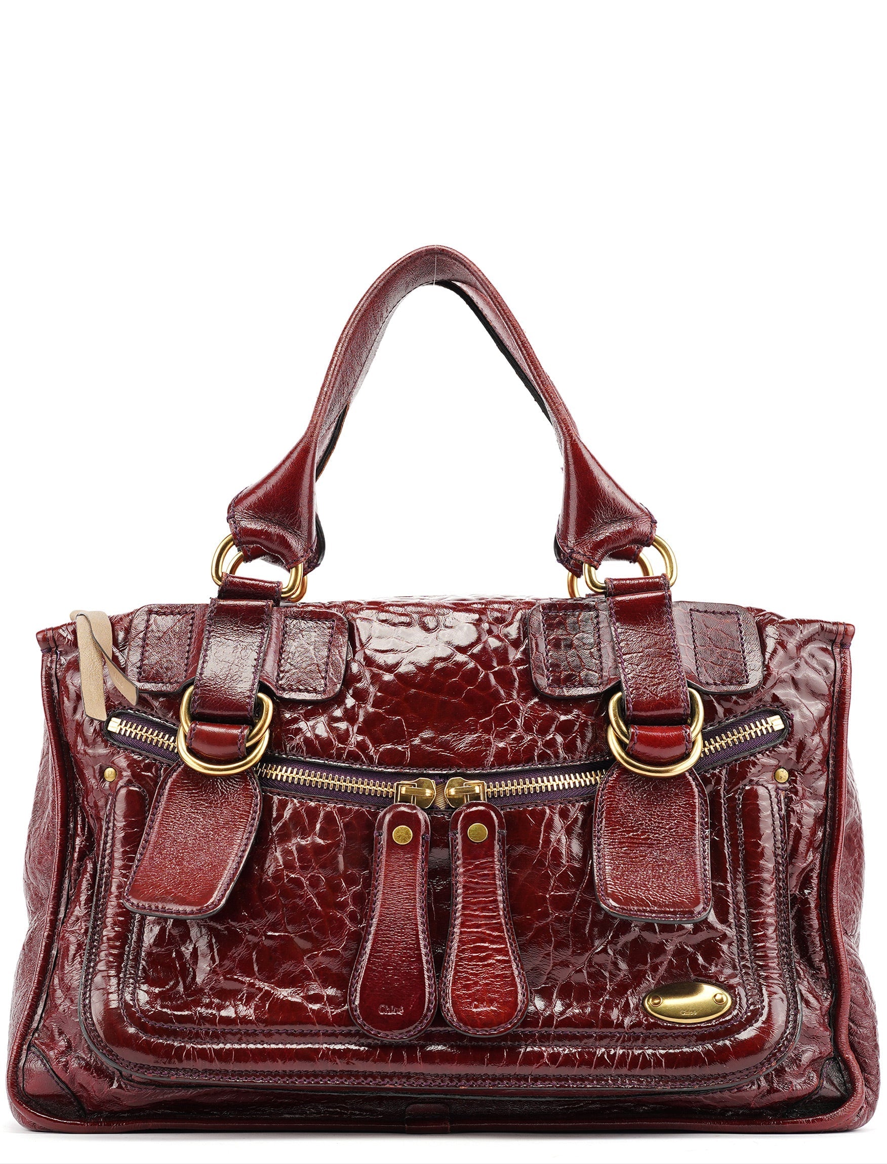 Burgundy Patent Leather Bay Tote Bag