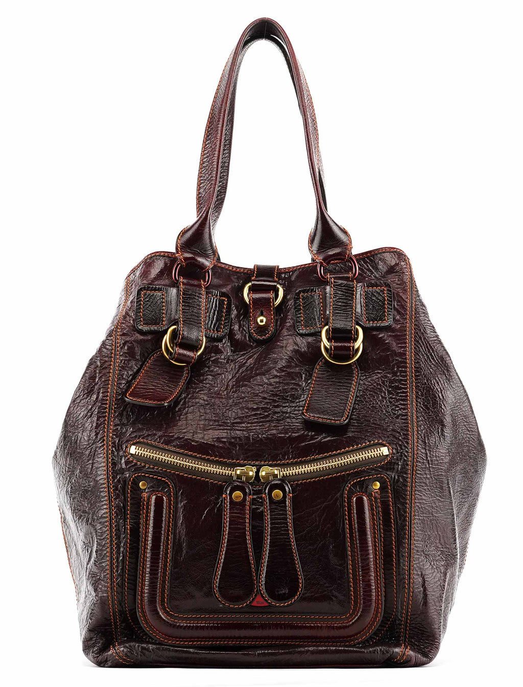 Burgundy Patent Leather Bay Tote Bag