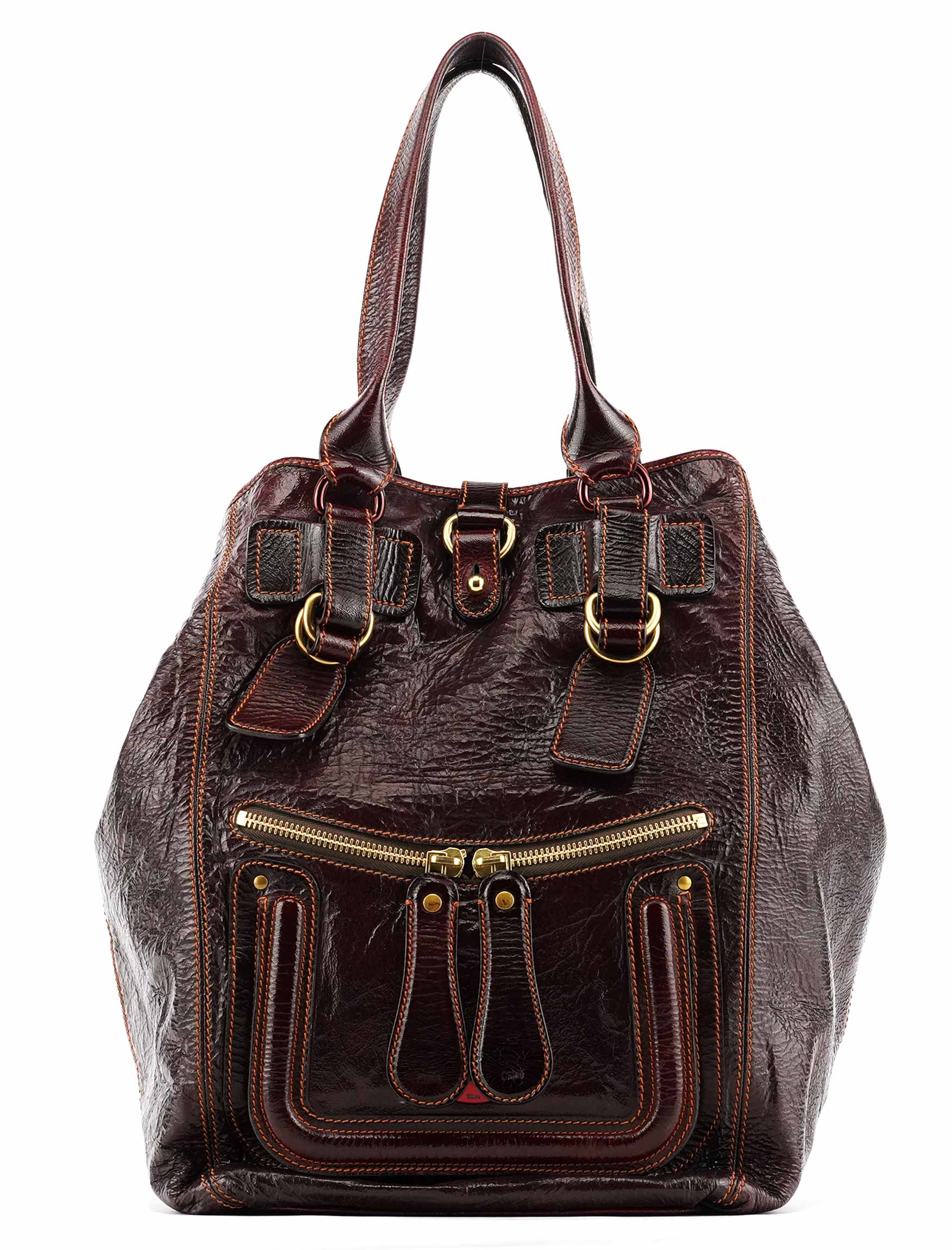 Burgundy Patent Leather Bay Tote Bag