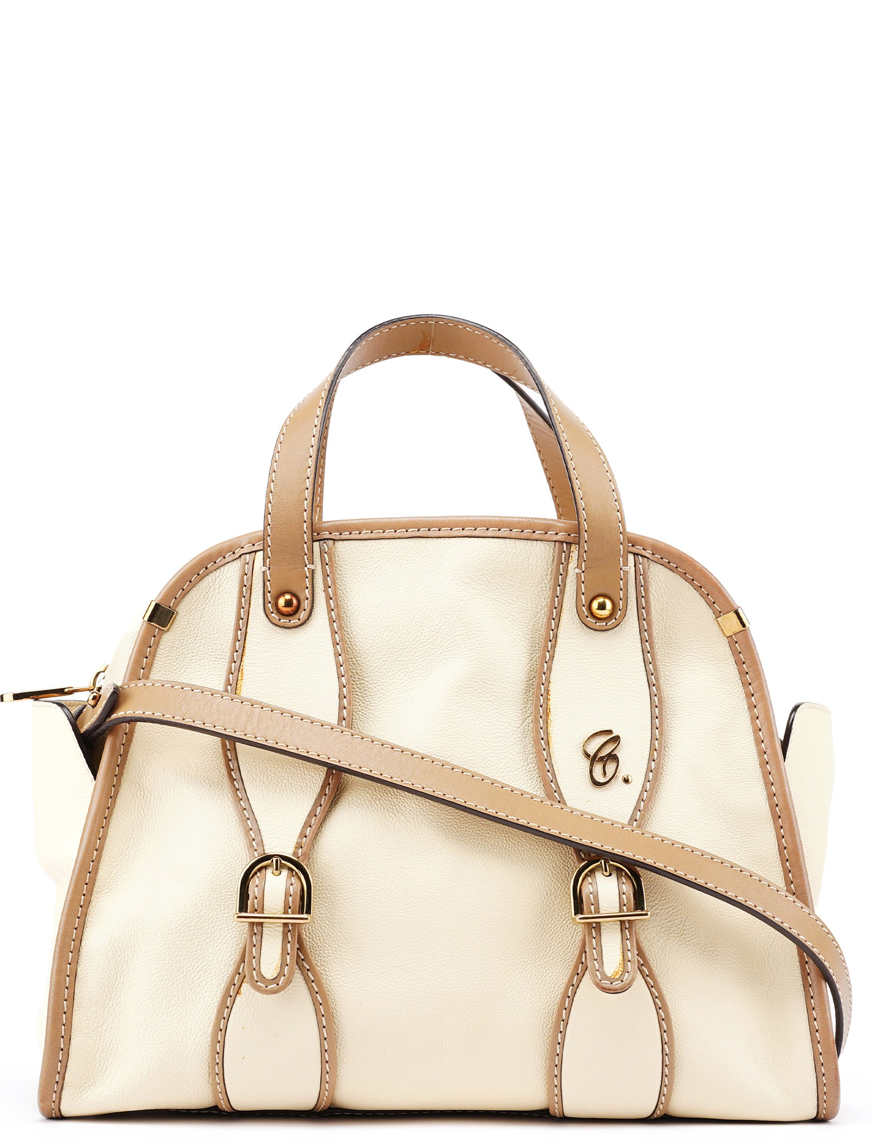 Cream Leather 2-Way Tote Bag